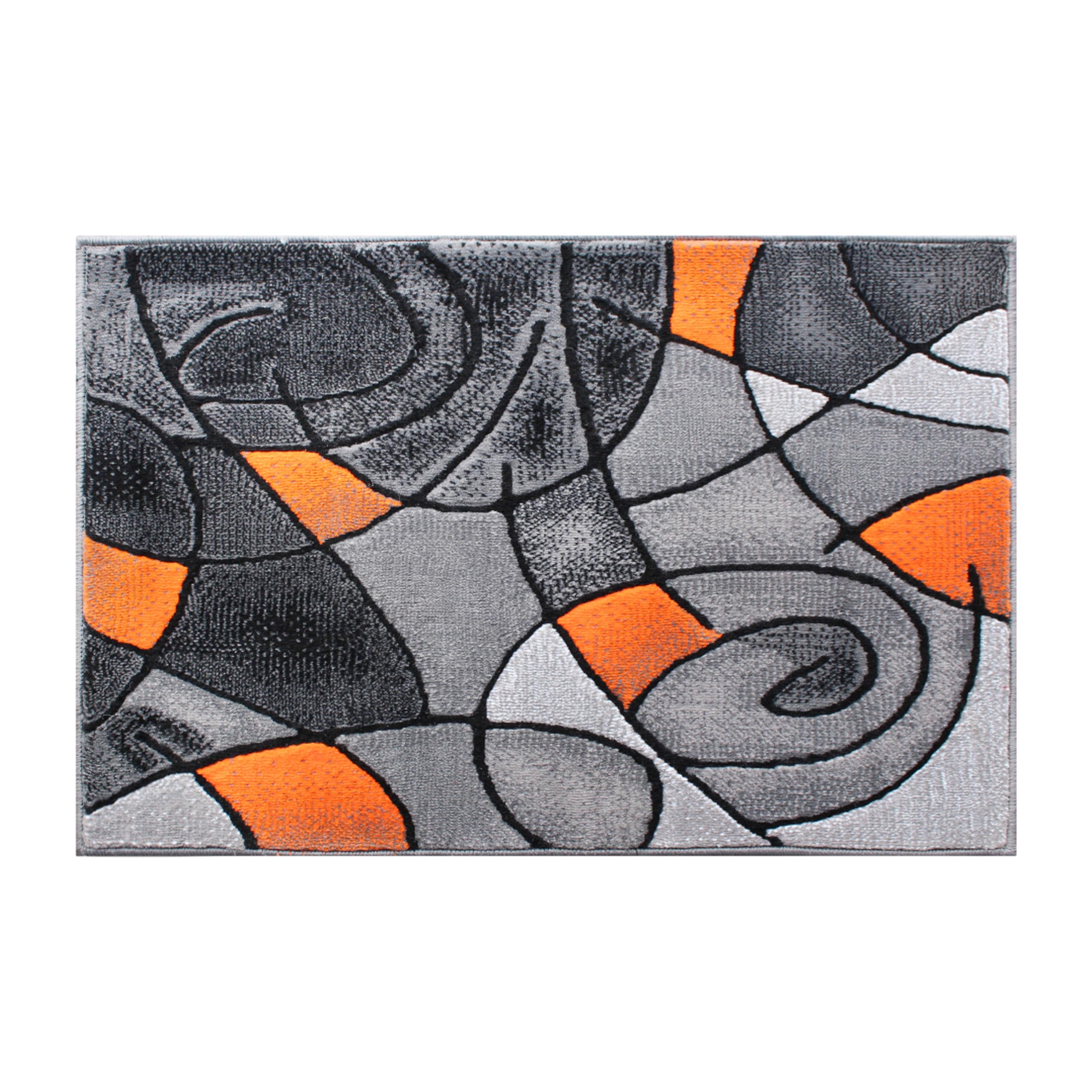 EMMA + OLIVER Abstract Geometric Plush Olefin Accent Rug - Gradient Gray with Orange Accents - 2x3 Feet Stain & Moisture Resistant - Perfect for Living Room, Bedroom or Office Decor