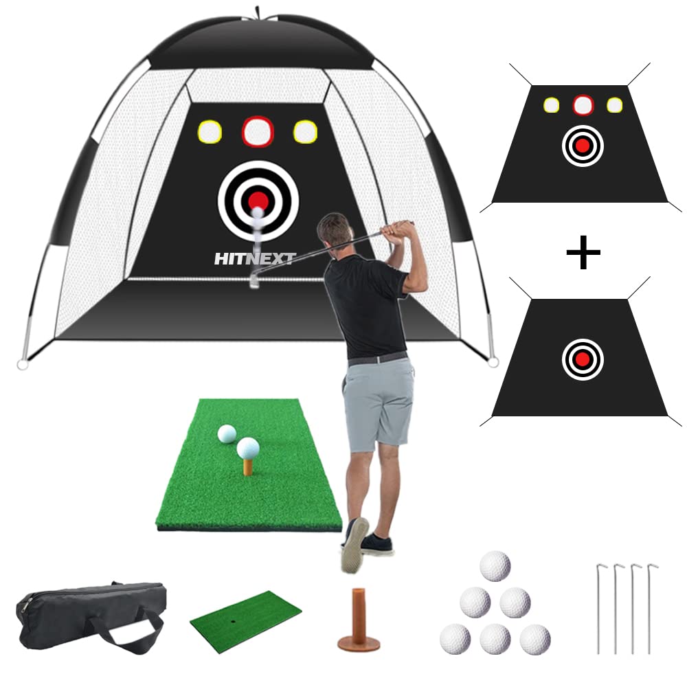 HITNEXT Large Golf Hitting Net with Turf Mat - Professional Backyard Driving Range Net with Chipping Target Pockets - Perfect for Indoor/Outdoor Practice, Yard Training & Home Golf Setup