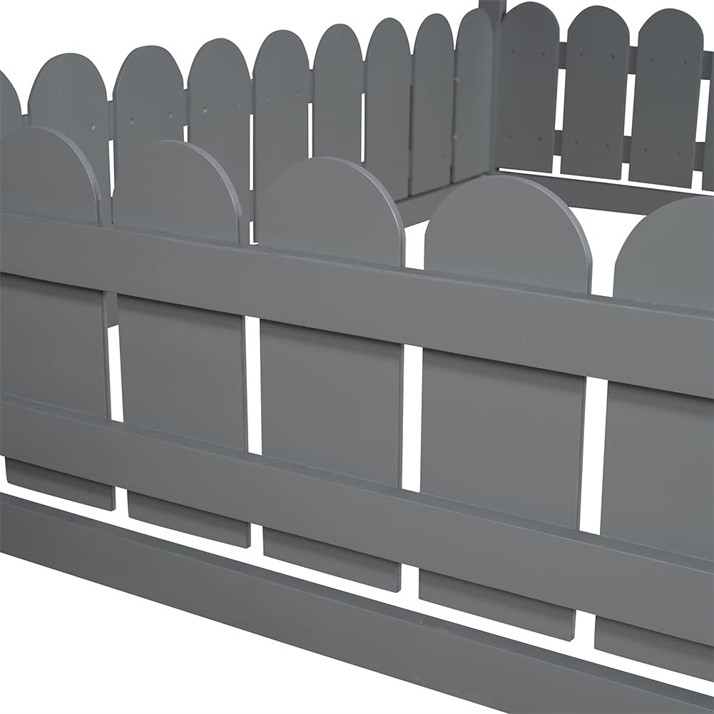 Full Size Wooden House Bed Frame with Roof & Fence - Kids Playhouse Floor Bed for Bedroom (Gray) | Perfect for Children's Room Decor & Imaginative Play