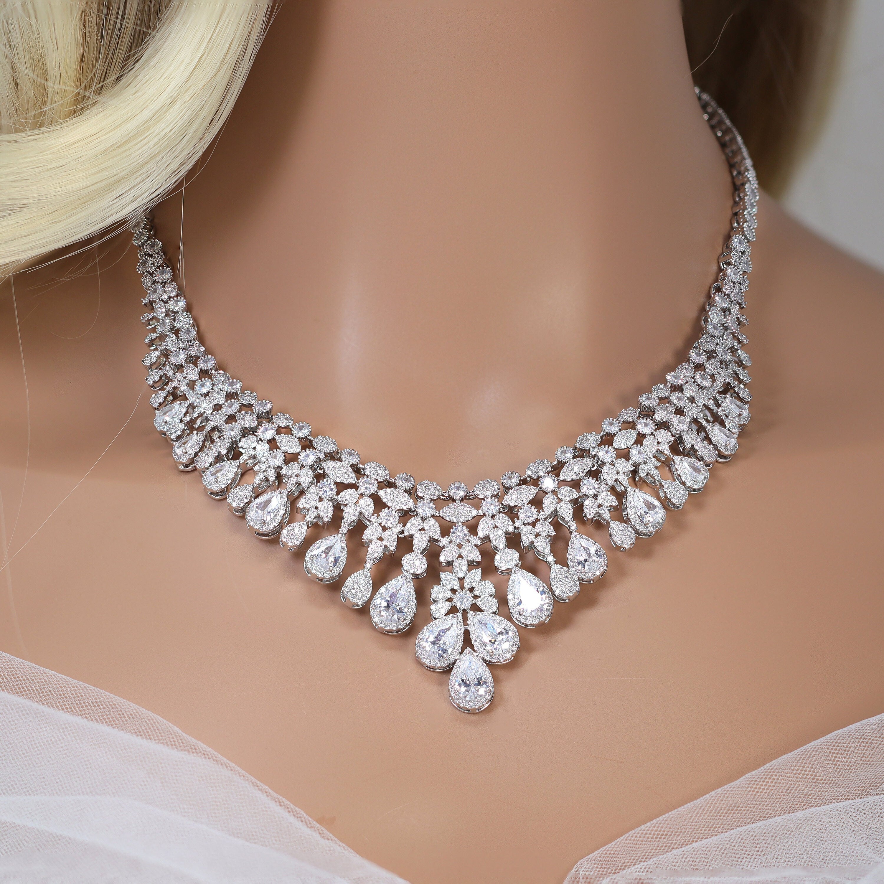 Elegant Diamond & Swarovski Crystal Floral Vine Drop Necklace Set with Statement Earrings - Long Bridal Jewelry for Weddings, Prom & Special Occasions