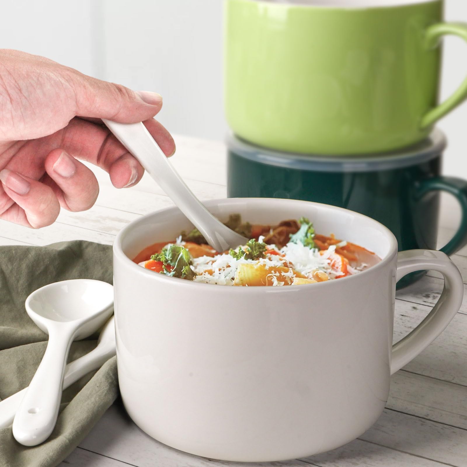 30oz Ceramic Soup Bowls with Handles & Spoons - Large Ramen Noodle Bowls with Lids - Perfect for Instant Noodles, Oatmeal & Cereal - Microwave & Dishwasher Safe - Set of 2 White Soup Mugs for Home, Office & Restaurant Use