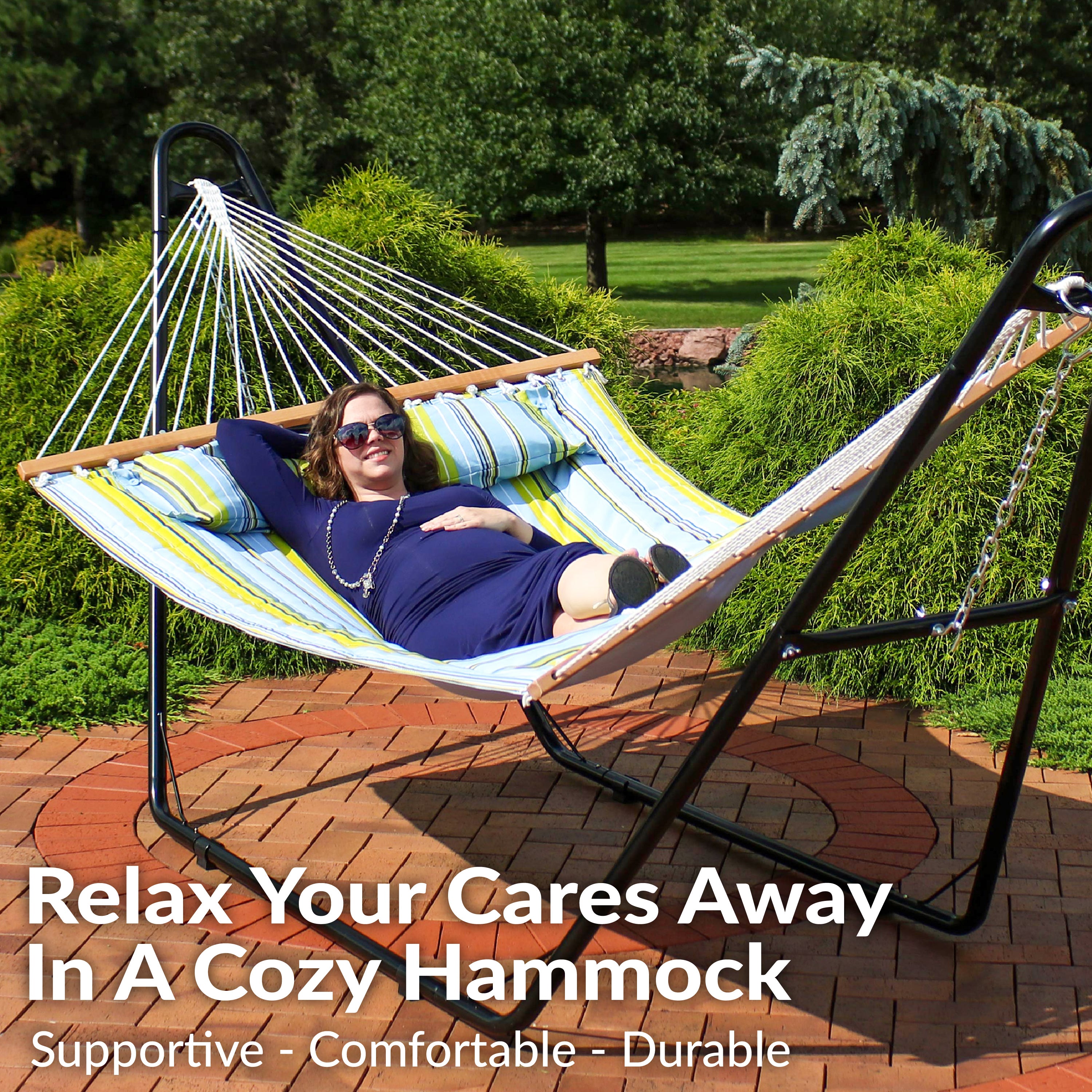 Sunnydaze Quilted 2-Person Hammock with Universal Stand - Portable Outdoor Hammock for Backyard, Camping & Beach Relaxation