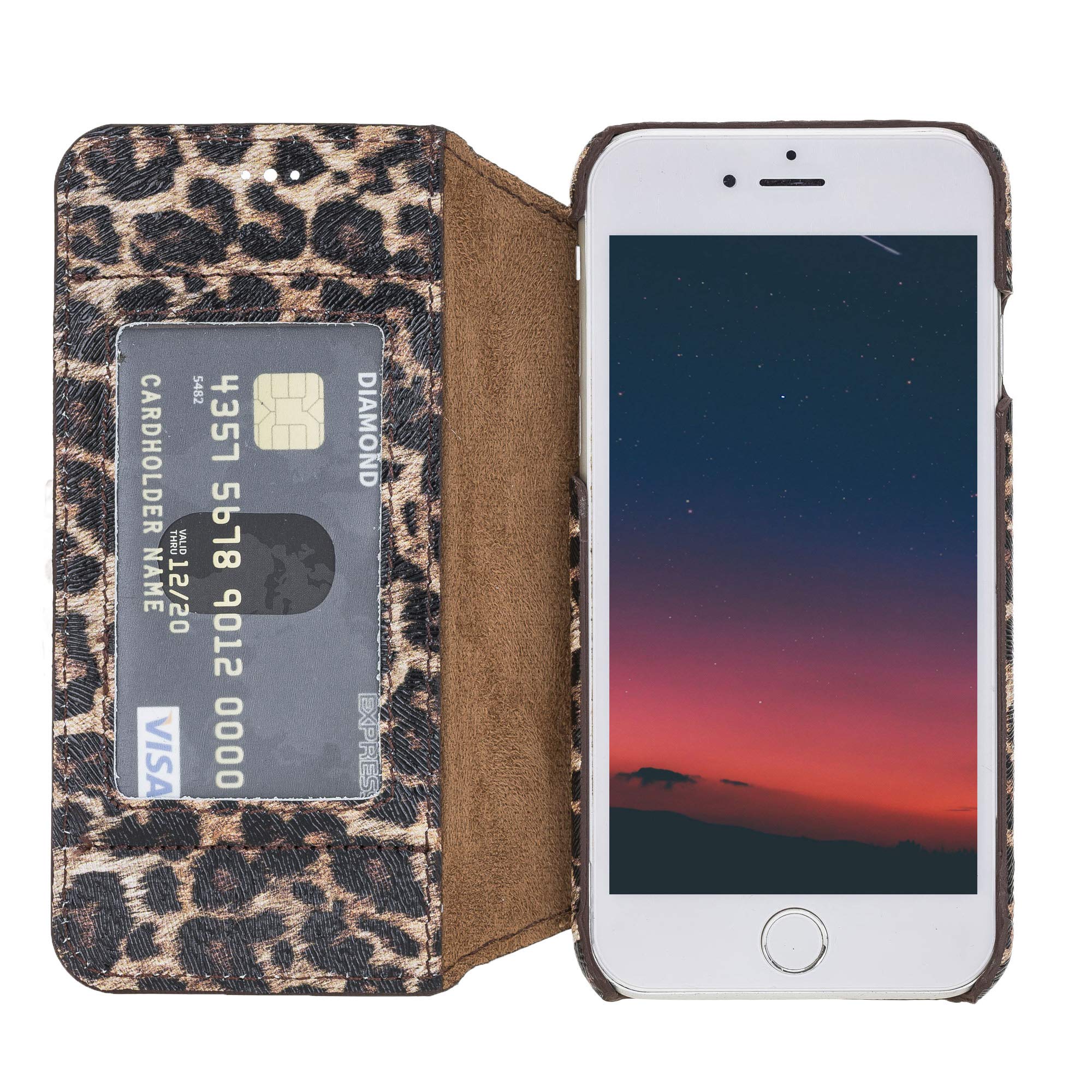 Venito Venice Slim Wallet Case for iPhone 7/8/SE - Stand Feature, RFID Blocking, Self-Closing Design (Leopard Print) - Perfect for Travel, Work & Everyday Protection