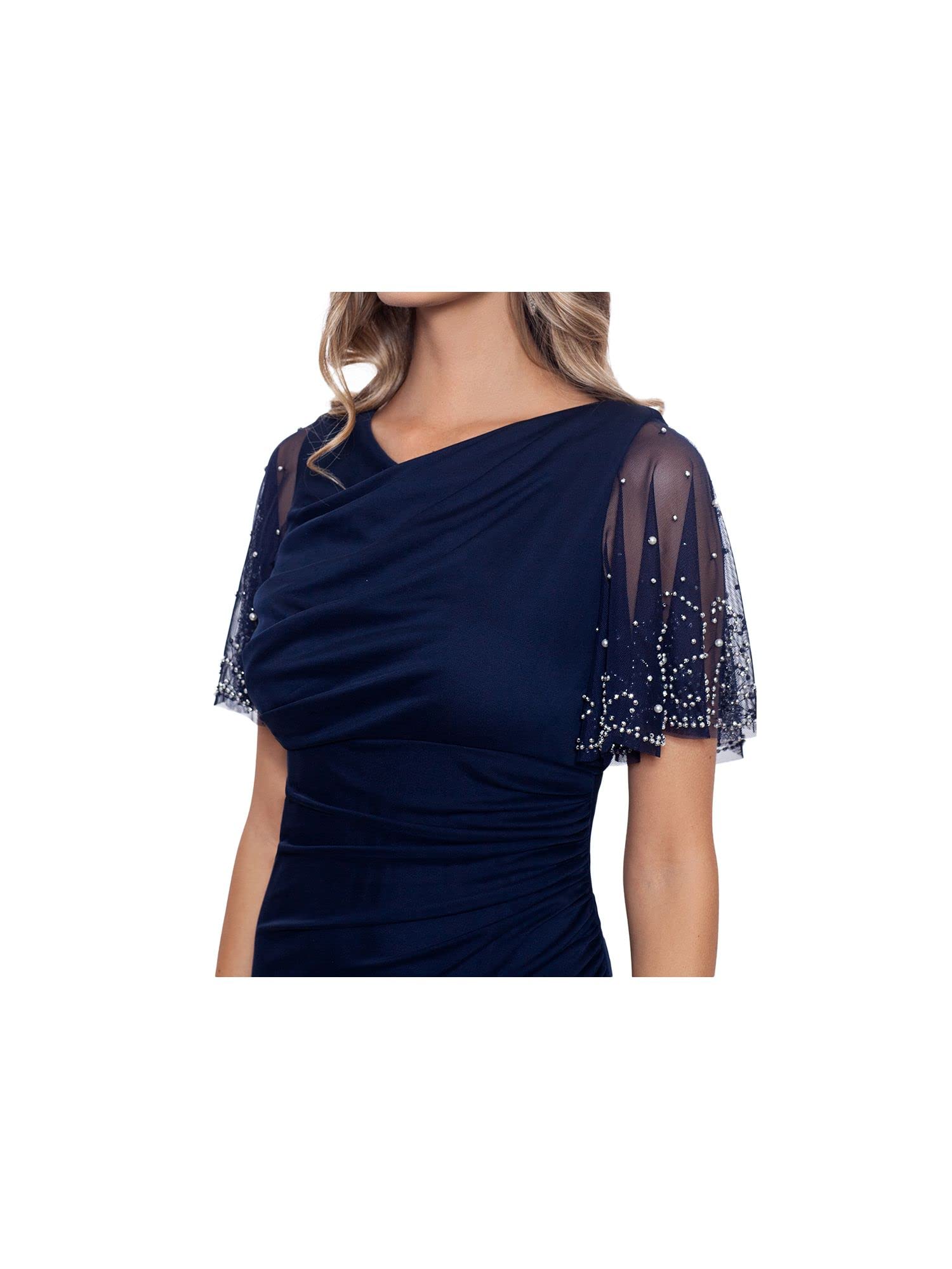 B&A by Betsy and Adam Women's Embellished Cascade Evening Dress - Navy Blue Size 8 | Formal Gowns for Prom, Wedding Guest & Special Occasions