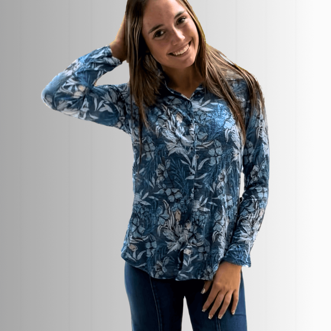 Stylish Blue Floral Rhinestone Embellished Women's Top | USA Made | Perfect for Parties, Weddings & Special Occasions