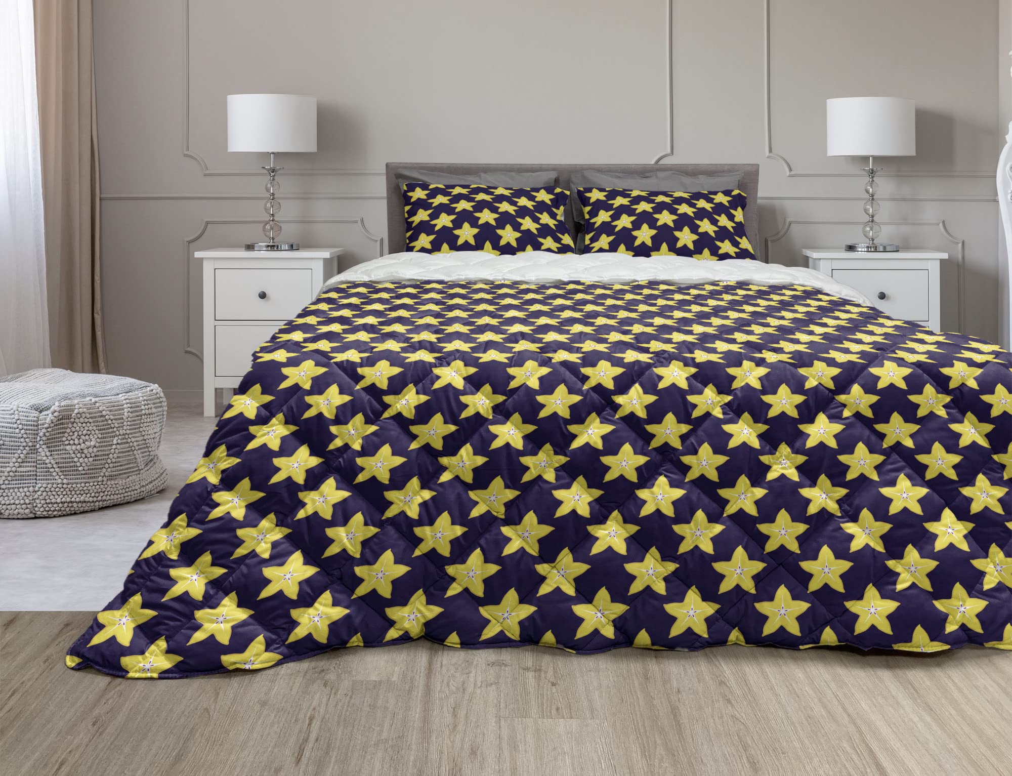Ambesonne Floral Comforter Set - 3 Piece Full Size Duvet Cover with Sham | Microfiber Filling | Tropical Flowers, Stars & Carambola Fruit Pattern in Indigo & Yellow | Perfect for Bedroom Decor, Guest Room & Boho Chic Style