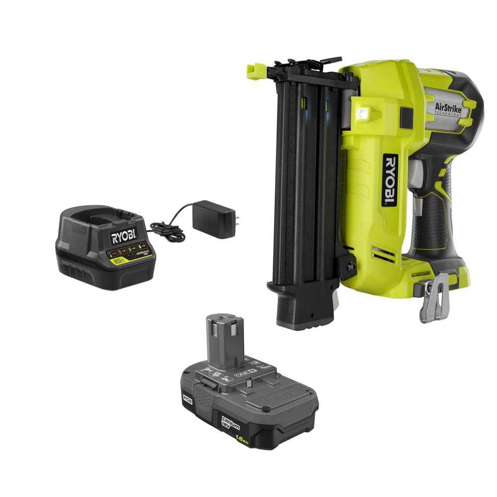 RYOBI P1854 18V ONE+ Lithium-Ion Cordless AirStrike 18-Gauge Brad Nailer Kit with 1.5Ah Battery & Charger - Perfect for DIY Projects, Woodworking, and Home Renovations