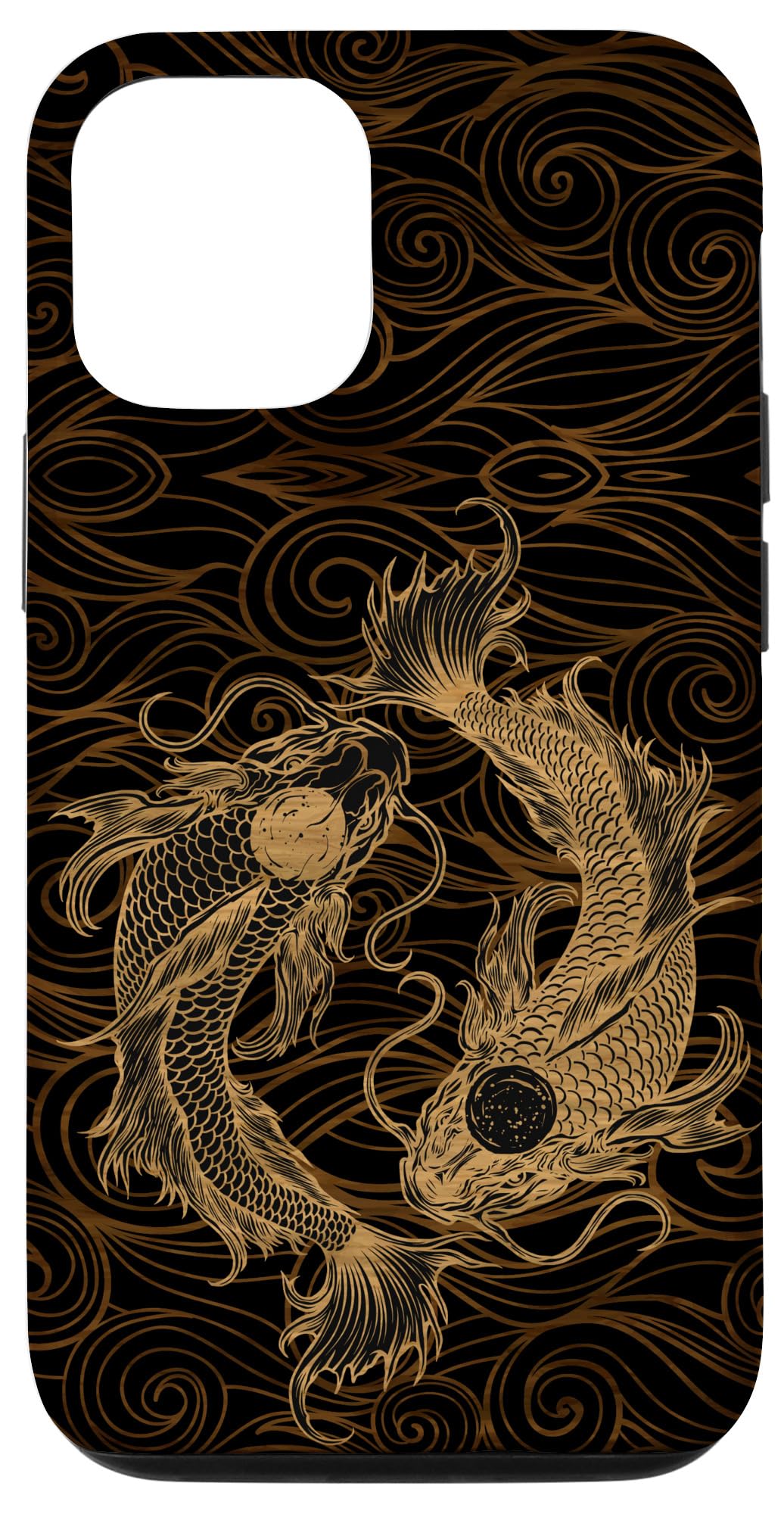 Vintage Wood Engraved iPhone 12/12 Pro Case with Yin Yang Koi Fish & Japanese Waves Design - Stylish Protective Cover for Daily Use, Travel & Gifts