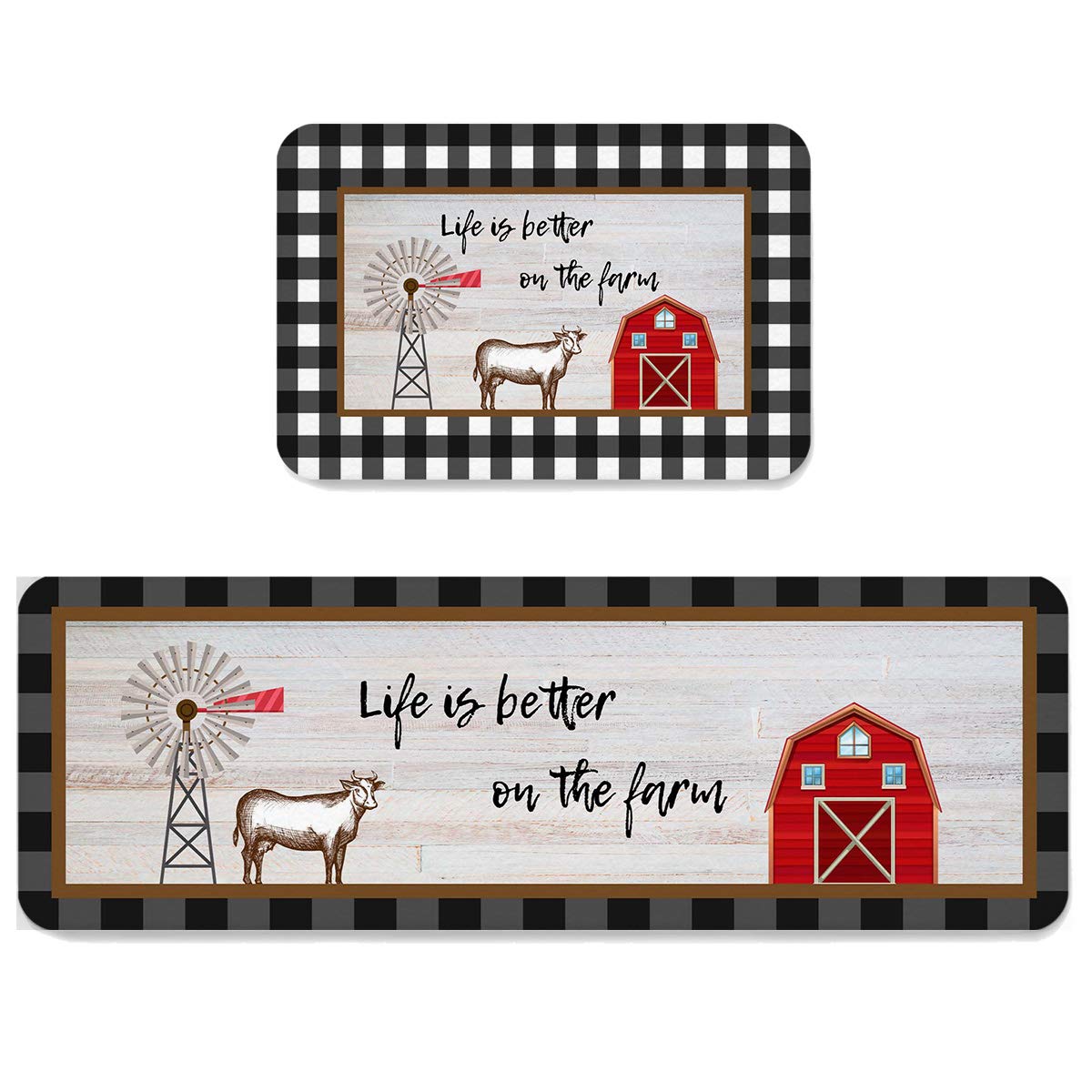 Anti-Fatigue Kitchen Rugs and Mats Set - 2-Piece Non-Slip Waterproof Cushioned Floor Mats for Comfortable Standing - Farmhouse Style Kitchen Runner with Rustic Barn Windmill Design - Perfect for Cooking, Baking, Dishwashing and Long Hours in the Kitchen