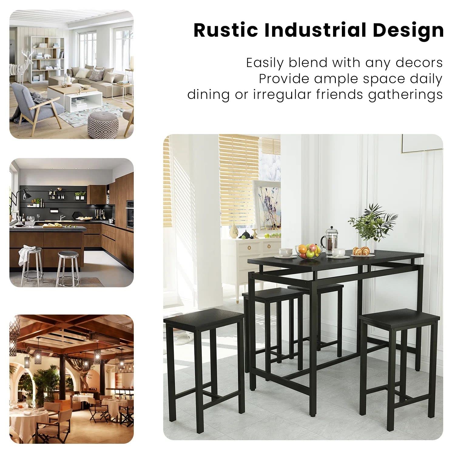 Modern 5-Piece Industrial Bar Table Set with 4 Chairs - Kitchen Dining Table for Small Spaces, Breakfast Nook & Pub Style - Perfect for Apartments, Condos & Cozy Homes