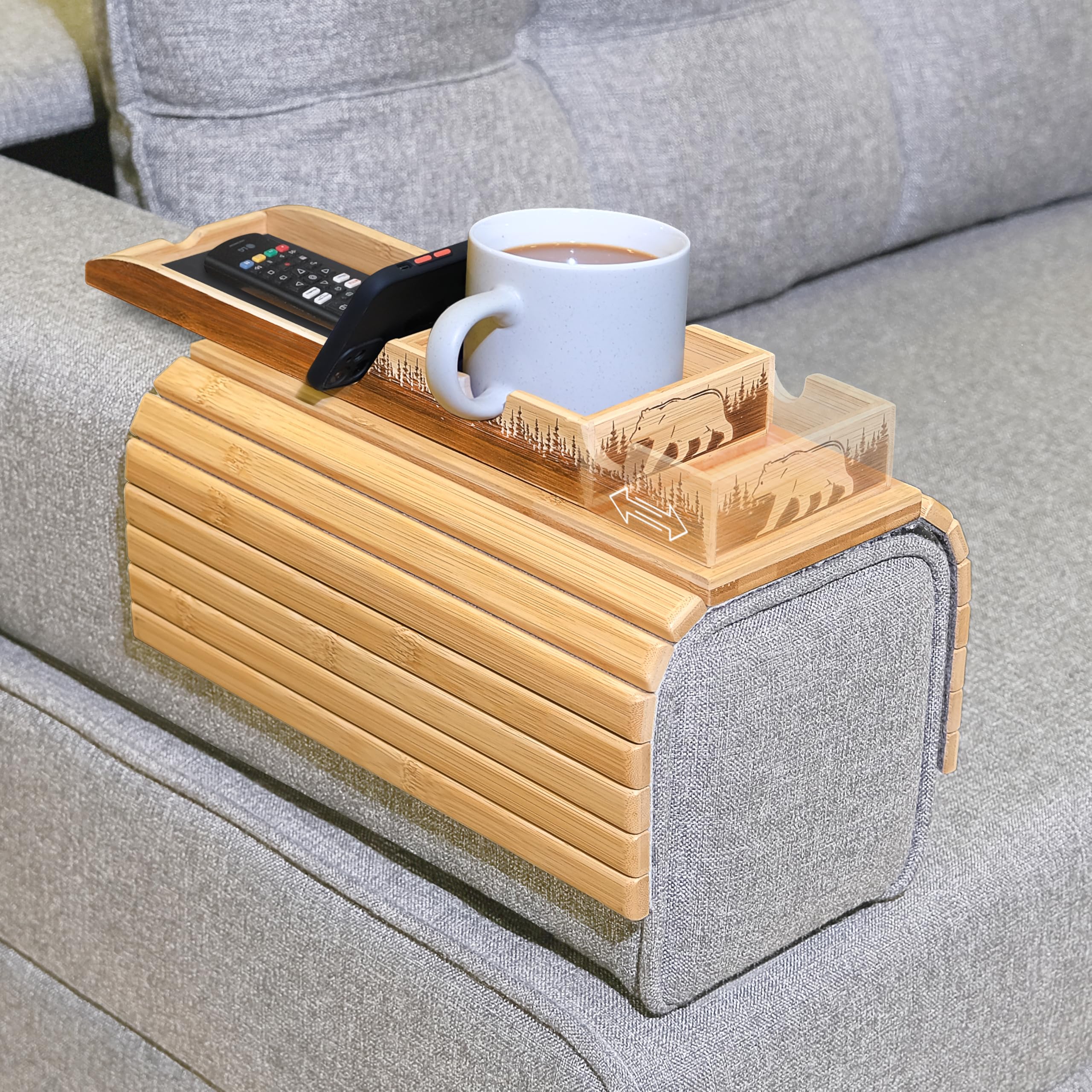 Bamboo Couch Cup Holder Tray - Sofa Arm Table & Side Table for Living Room Furniture | Home Decor Accessories, Couch Organizer, TV Snack Tray - Perfect for Movie Nights & Relaxing in Living Room