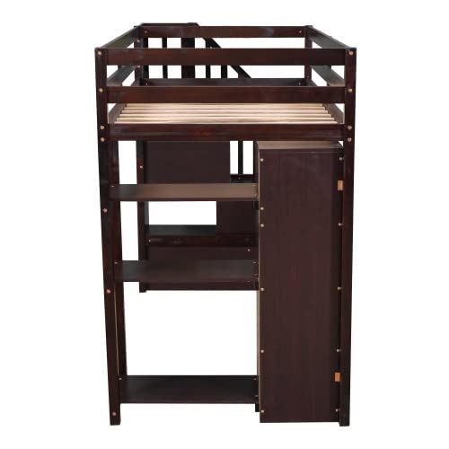 **Solid Wood Twin Loft Bed with Stairs, Storage Drawers & Shelves - Modern Espresso Loft Bed Frame for Kids, Teens & Adults - Perfect for Small Rooms, Dorms & Apartments**