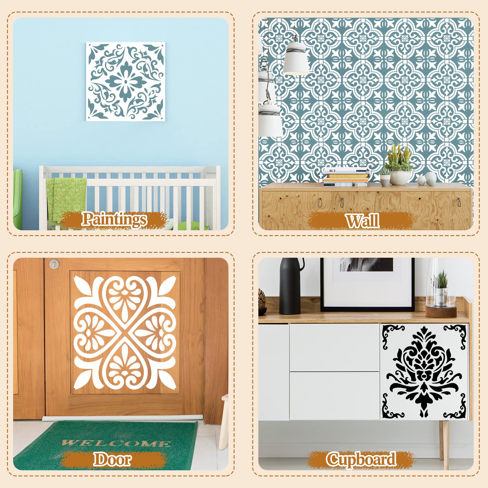 4-Piece Reusable Tile Stencils 12x12 Inches - DIY Wall & Floor Decorative Painting Templates for Home Decor, Scrapbooking, and Crafts (Floral Design) - Perfect for Bathroom, Kitchen Backsplash, and Nursery Wall Art Projects