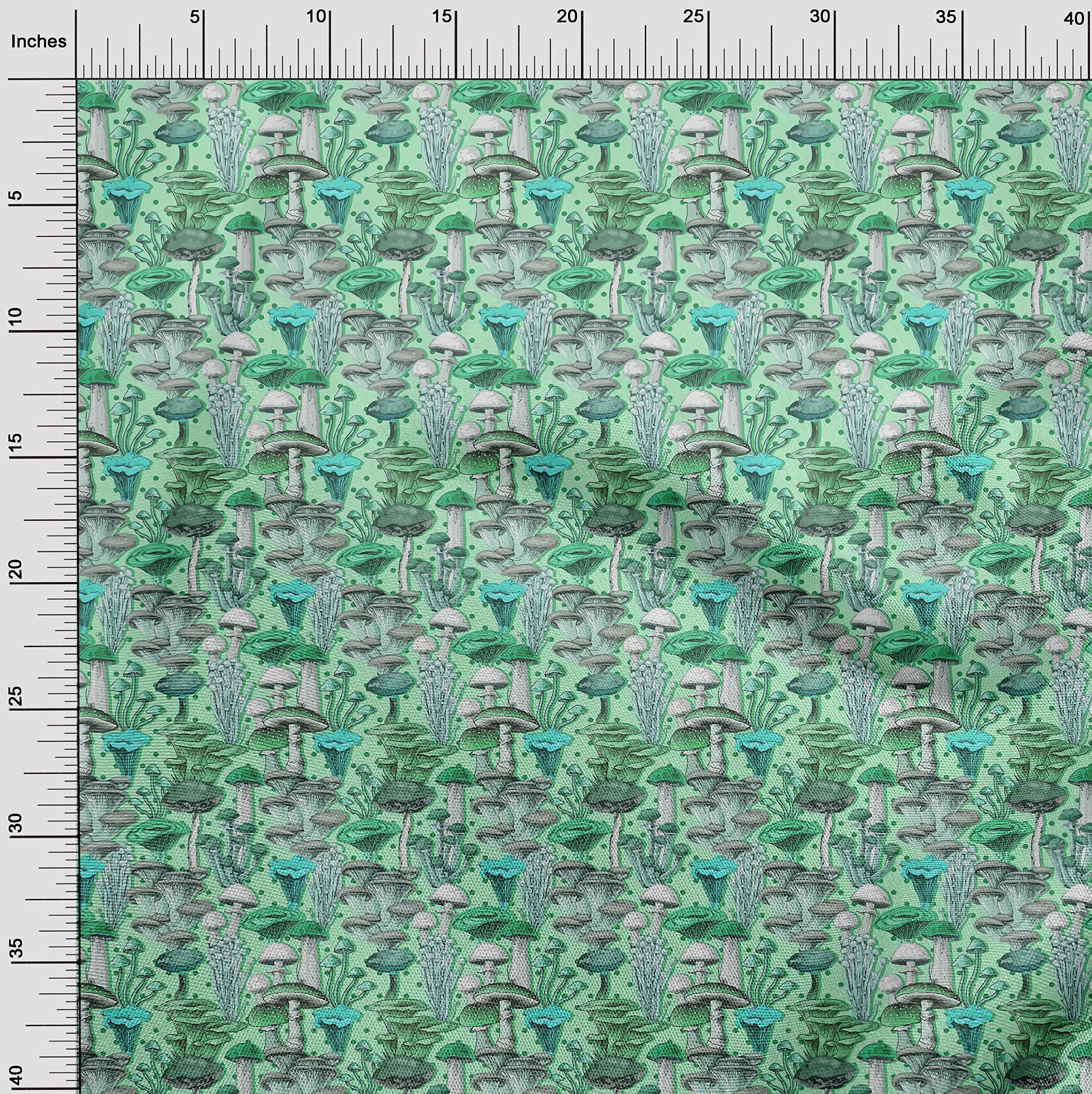 Premium 100% Cotton Cambric Fabric - Mint Green Mushroom Print, 56