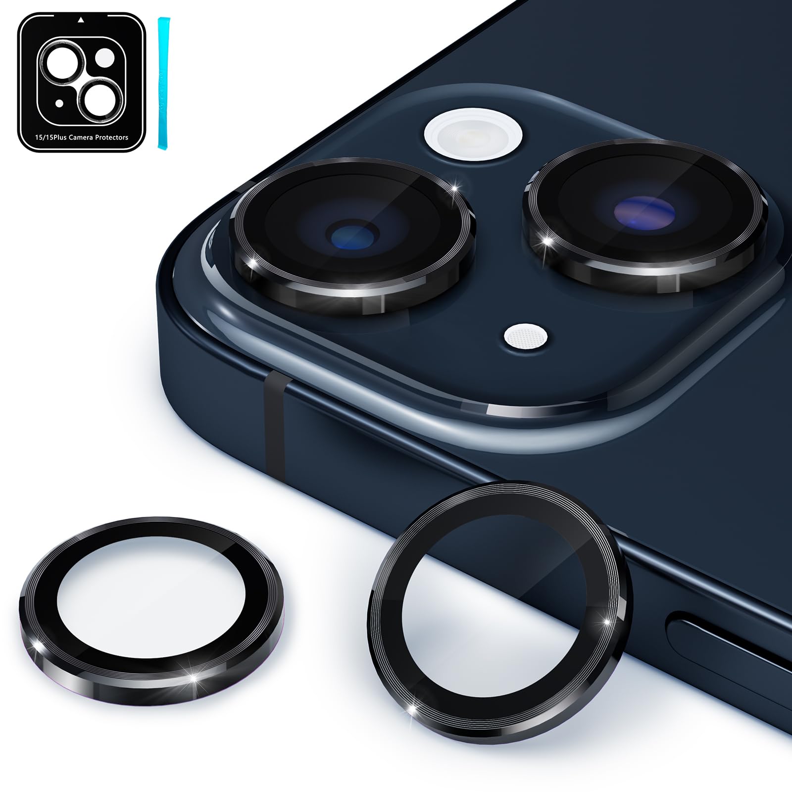 CloudValley iPhone 15 Plus/iPhone 15 Camera Lens Protector - Ultra HD Tempered Glass Cover with Metal Ring | Case Friendly | Scratch & Impact Protection | Perfect for Outdoor Photography & Travel