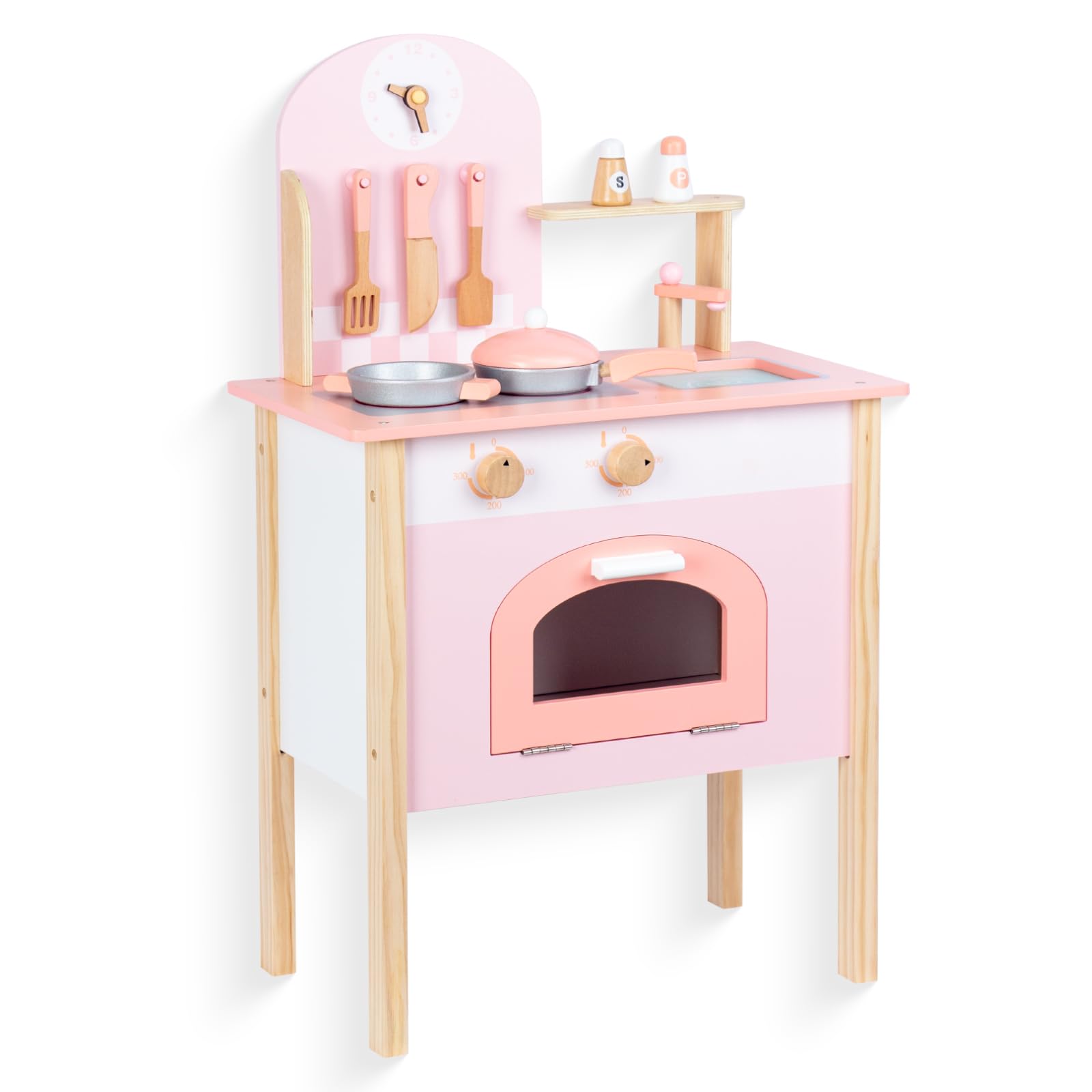 Wooden Pink Kitchen Playset for Kids - Pretend Play Kitchen Utensils & Accessories, Montessori Learning Toy, Pretend Cooking Playset for Girls 3+, Ideal for Home & Preschool Playrooms