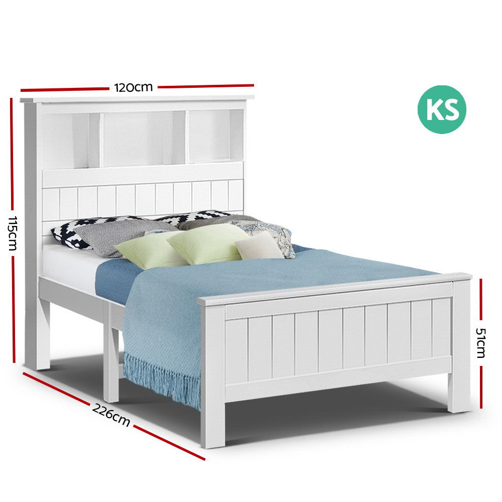 Kids Conqueror Wooden Timber King Single Bed Frame with Built-in Shelves - White | Space-Saving Storage Solution for Children's Bedroom & Playroom