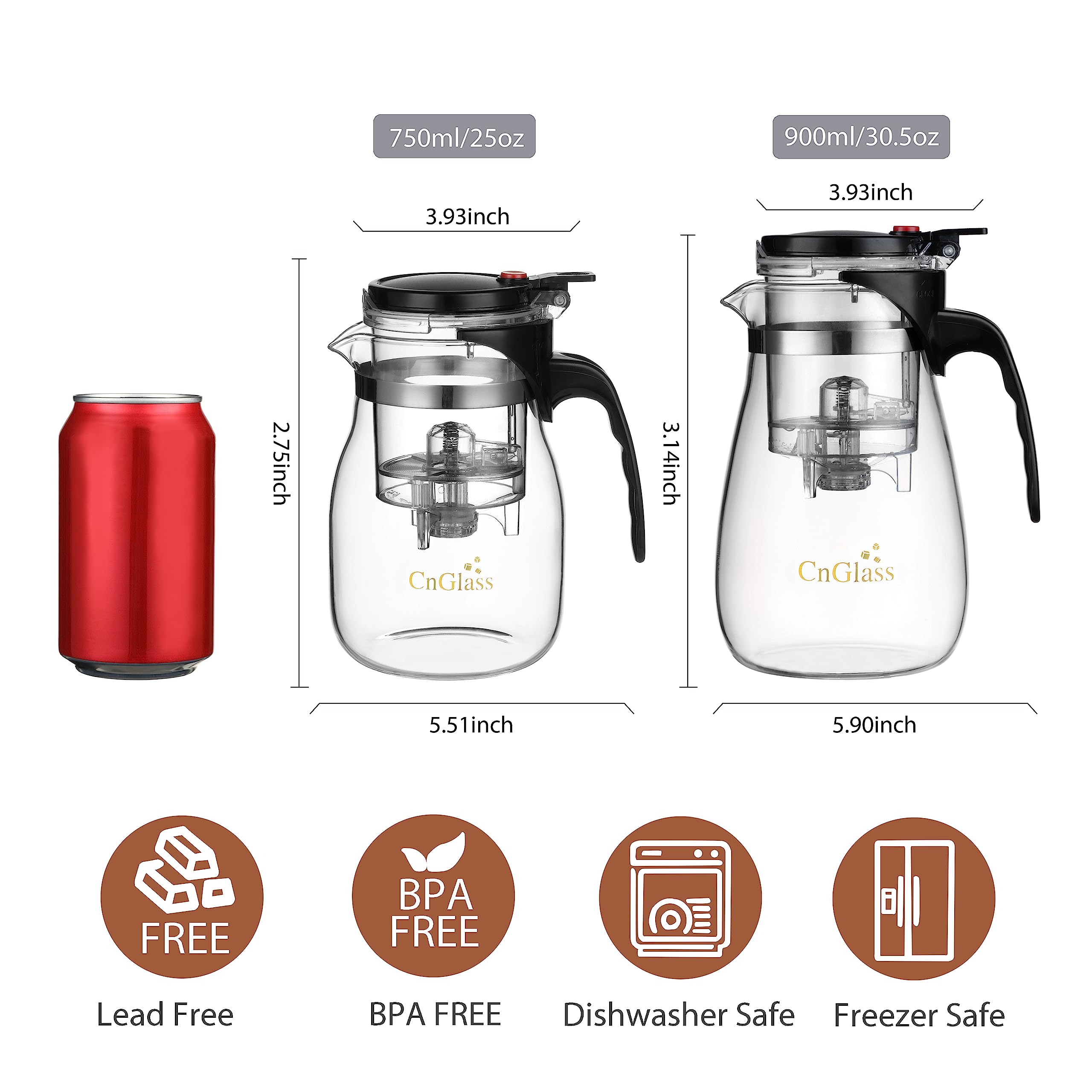 Premium Clear Glass Teapot with Removable Infuser - 25oz Loose Leaf & Blooming Tea Maker - One-Touch Filter Button - Perfect for Home, Office & Tea Ceremonies