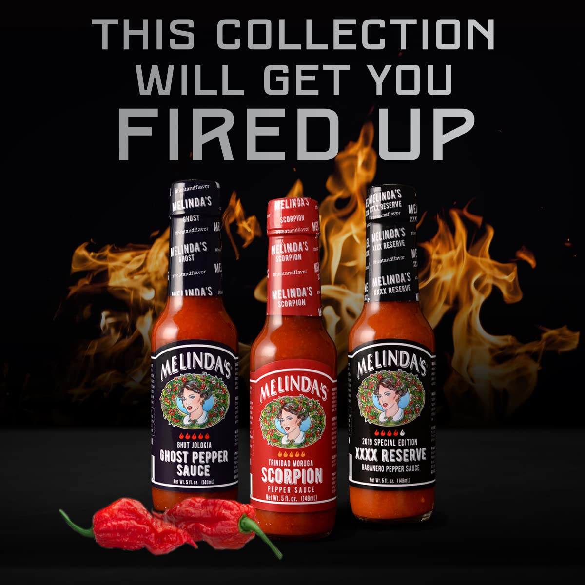 Melinda’s Extreme Fiery Variety Pack - 3 Bottles of Extra Spicy Craft Hot Sauce Gift Set with Ghost Pepper, Scorpion Pepper & Habanero XXXXtra Reserve - 5oz Each - Perfect for Spicy Food Lovers, BBQ Parties, and Hot Sauce Enthusiasts
