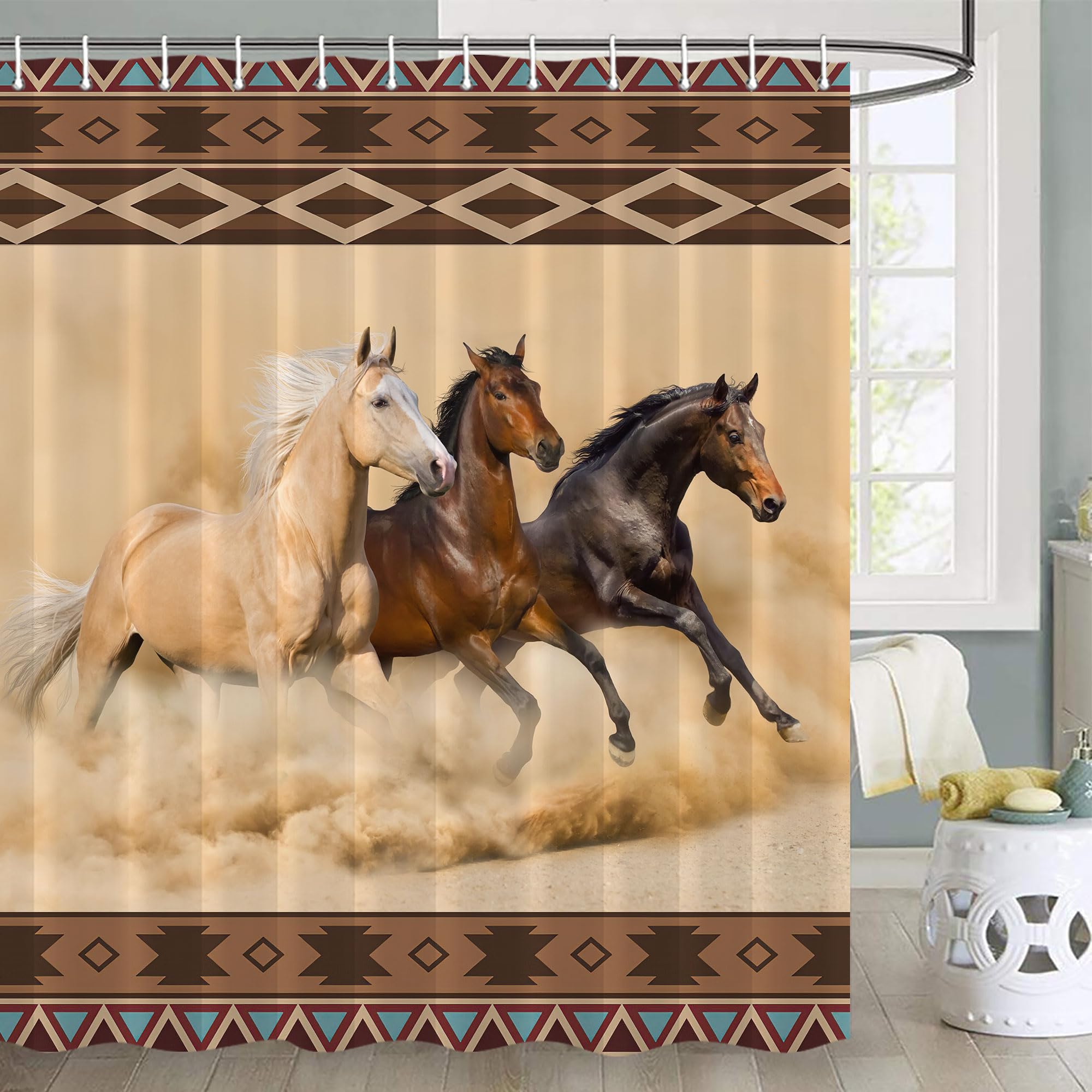 JAWO Western American Wild West Cowhorse Shower Curtain Set with Hooks - 72x72 Inch Desert Cowboy Bathroom Decor, Aztec Southwestern Theme for Ranch, Farmhouse or Country Style Bathrooms