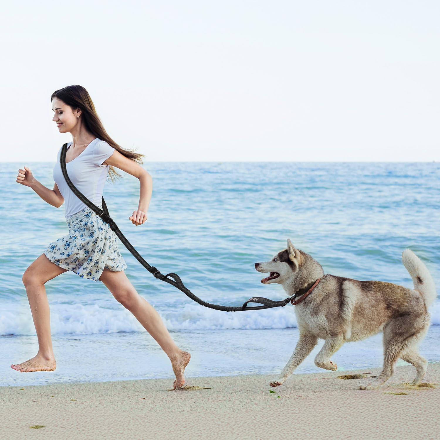 Hands Free Bungee Dog Leash with Dual Padded Handles & Reflective Threading - Adjustable Crossbody Leash for Medium to Large Dogs (30-90 lbs) - Perfect for Jogging, Running, Walking & Safe Car Travel with Seatbelt Attachment