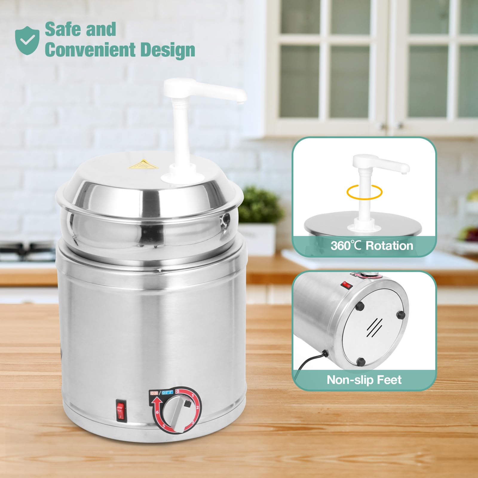 Commercial 7 QT Electric Stainless Steel Hot Fudge Dispenser with Temperature Control & Plastic Pump - 110V/200W Nacho Cheese Warmer for Buffets, Bakeries, Restaurants - Perfect for Chocolate Fountain, Caramel Sauce, and Cheese Dips at Parties, Cafes & Catering Events