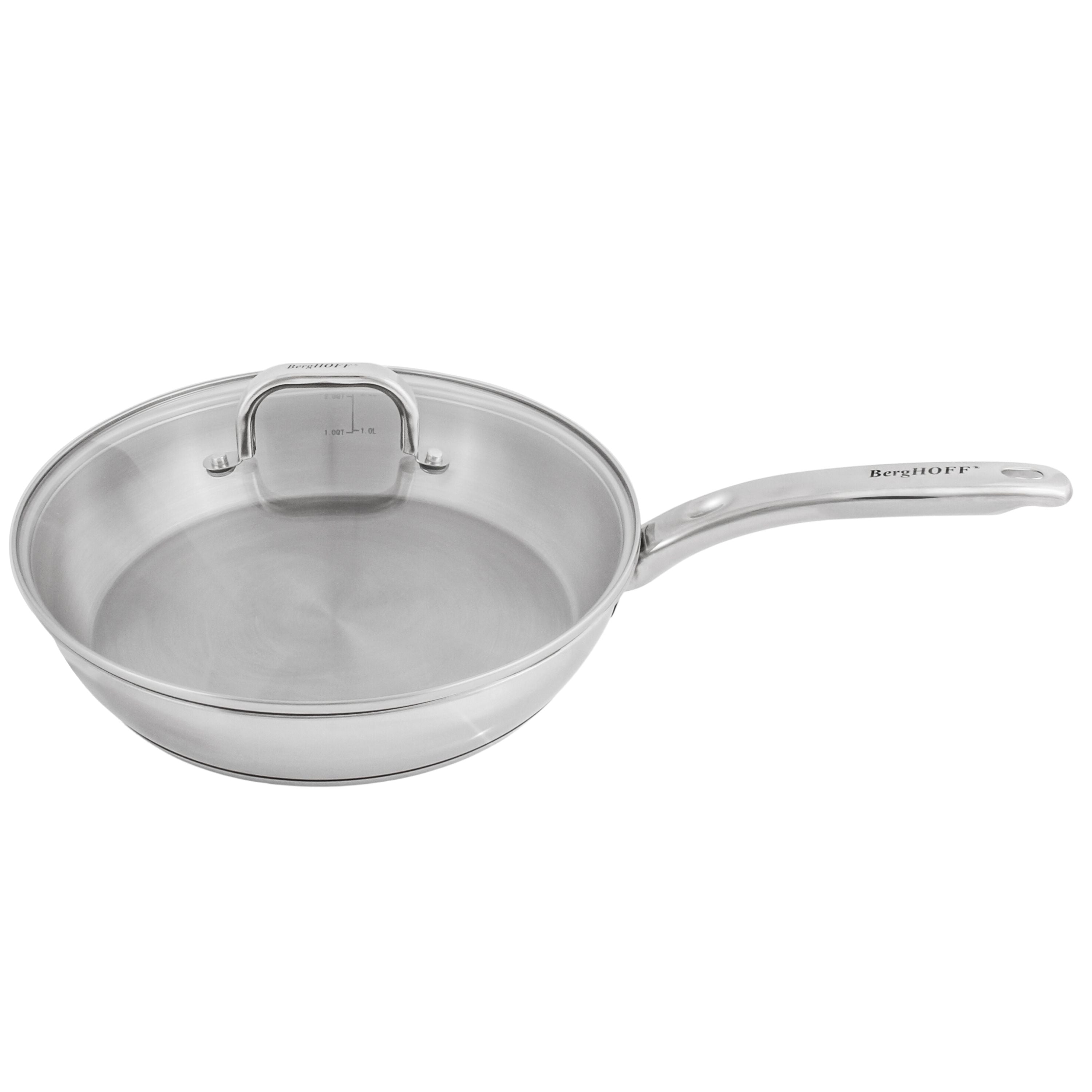 BergHOFF Belly Shape 18/10 Stainless Steel 10.5-Inch Skillet with Tempered Glass Lid, 2.5 Quart - Perfect for Sautéing, Frying & Simmering | Non-Reactive & Dishwasher Safe Cookware for Home Kitchen