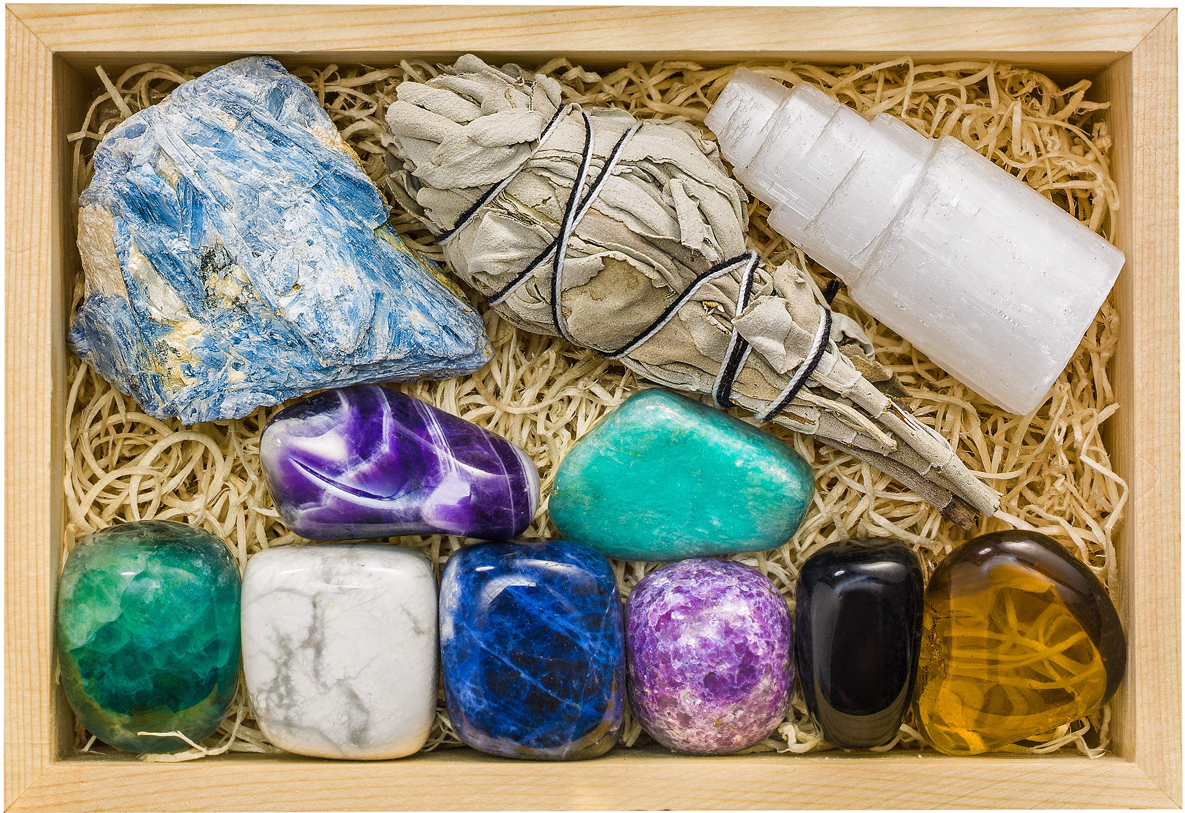 CRYSTALYA Large Healing Stones Set - Amethyst, Lepidolite, Fluorite, Smoky Quartz, Selenite for Stress Relief & Anxiety | Wooden Gift Box with Sage & 50pg Ebook | Meditation, Yoga, Home Decor, Spiritual Healing Gifts