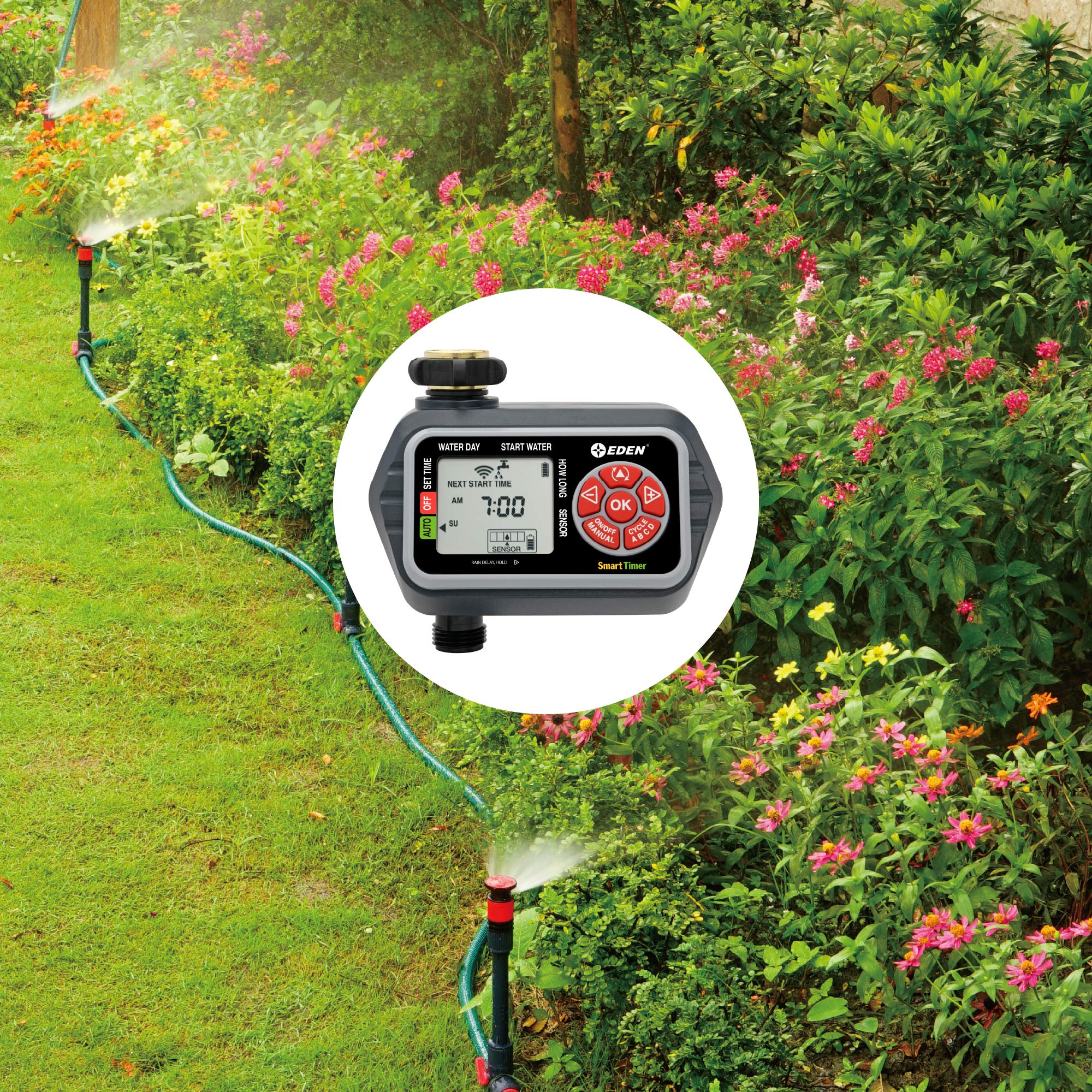 Eden 25411 1-Zone Programmable Digital Water Timer with Wireless Soil Moisture Sensor - Smart Irrigation for Lawns, Gardens & Indoor Plants
