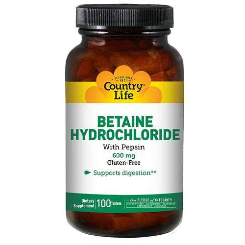 Country Life Betaine Hydrochloride 600 mg - Digestive Enzyme Supplement for Stomach Acid Support & Gut Health - Ideal for Heartburn Relief & Protein Digestion After Meals