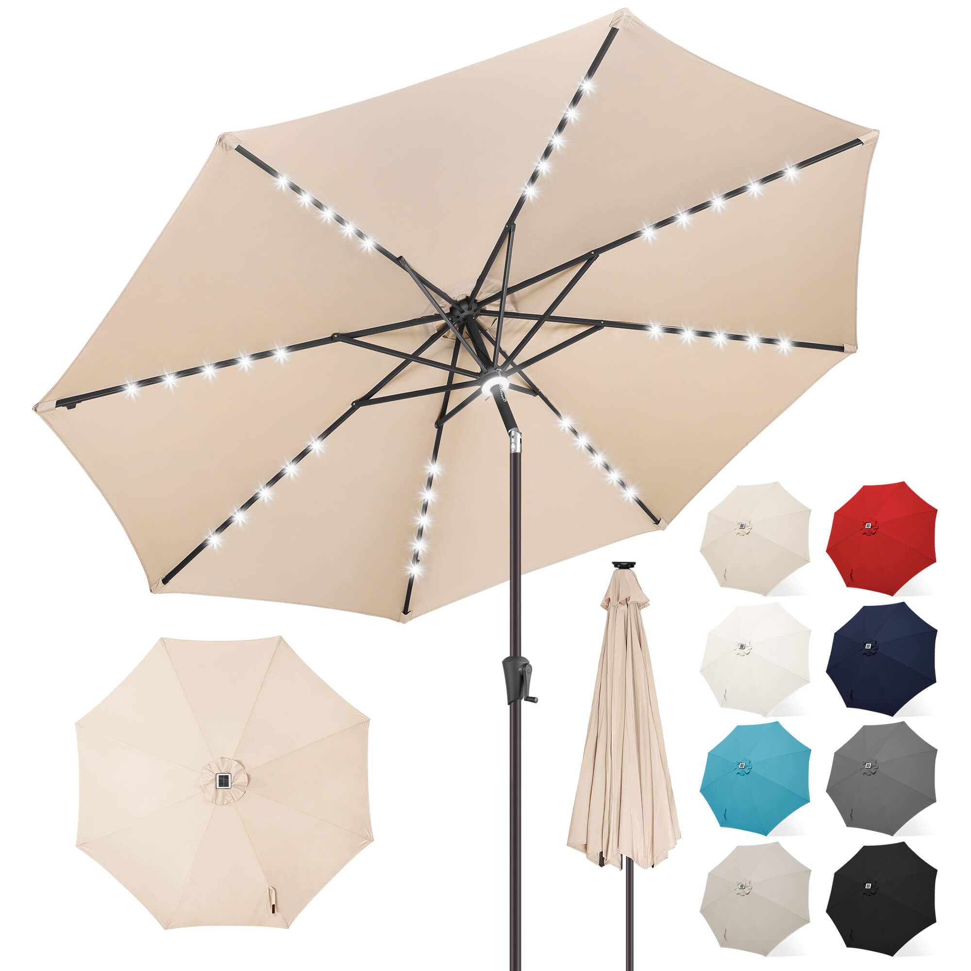 FLAME&SHADE 10 ft Solar Powered Outdoor Patio Umbrella with LED Lights and Tilt - Beige Waterproof Sun Shade for Garden, Poolside, Backyard and Beach
