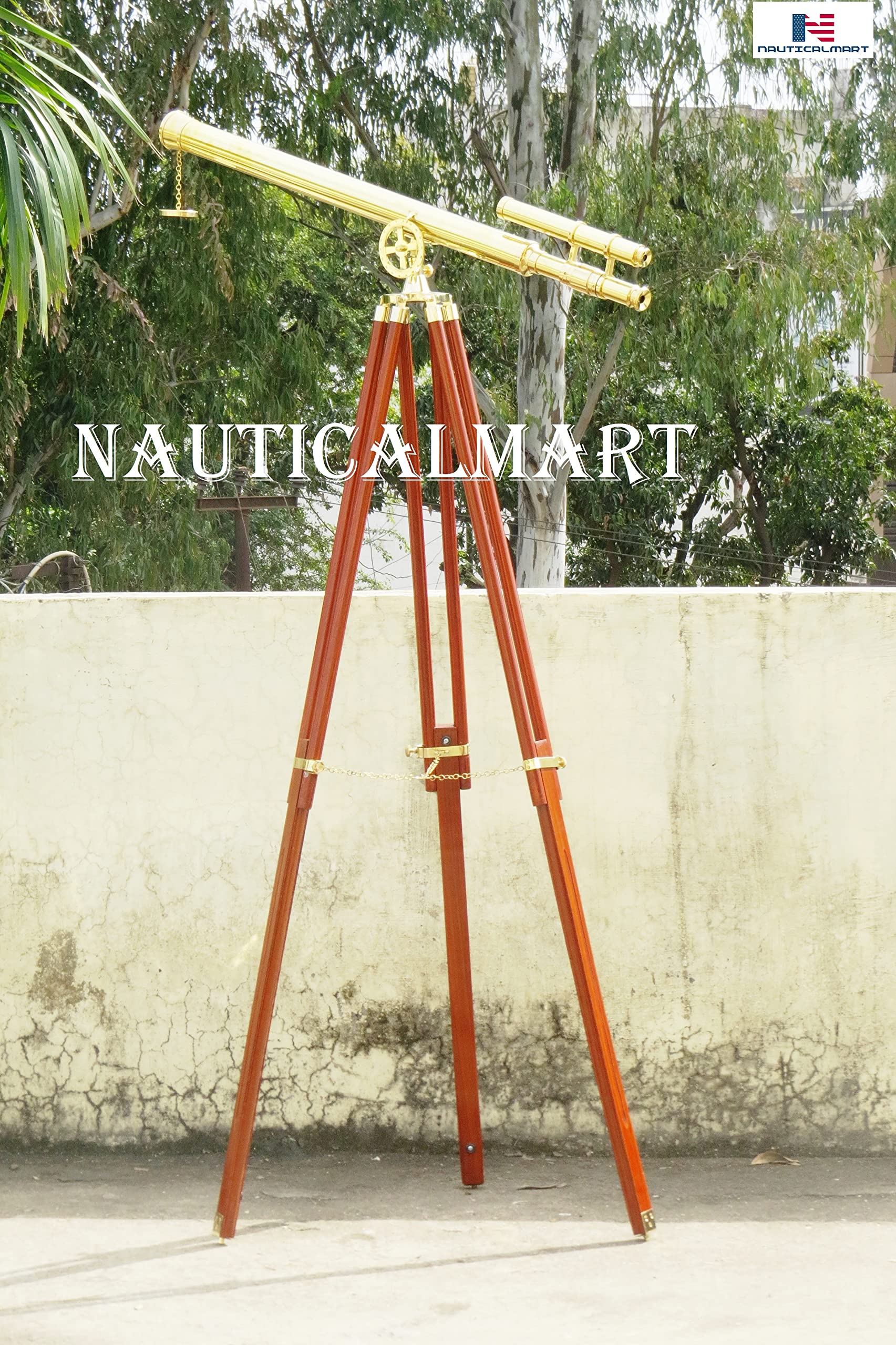 Antique Solid Brass Floor Standing Marine Telescope with Wooden Tripod - Nautical Decor for Home, Office, or Ship - Perfect for Nautical Enthusiasts & Collectors