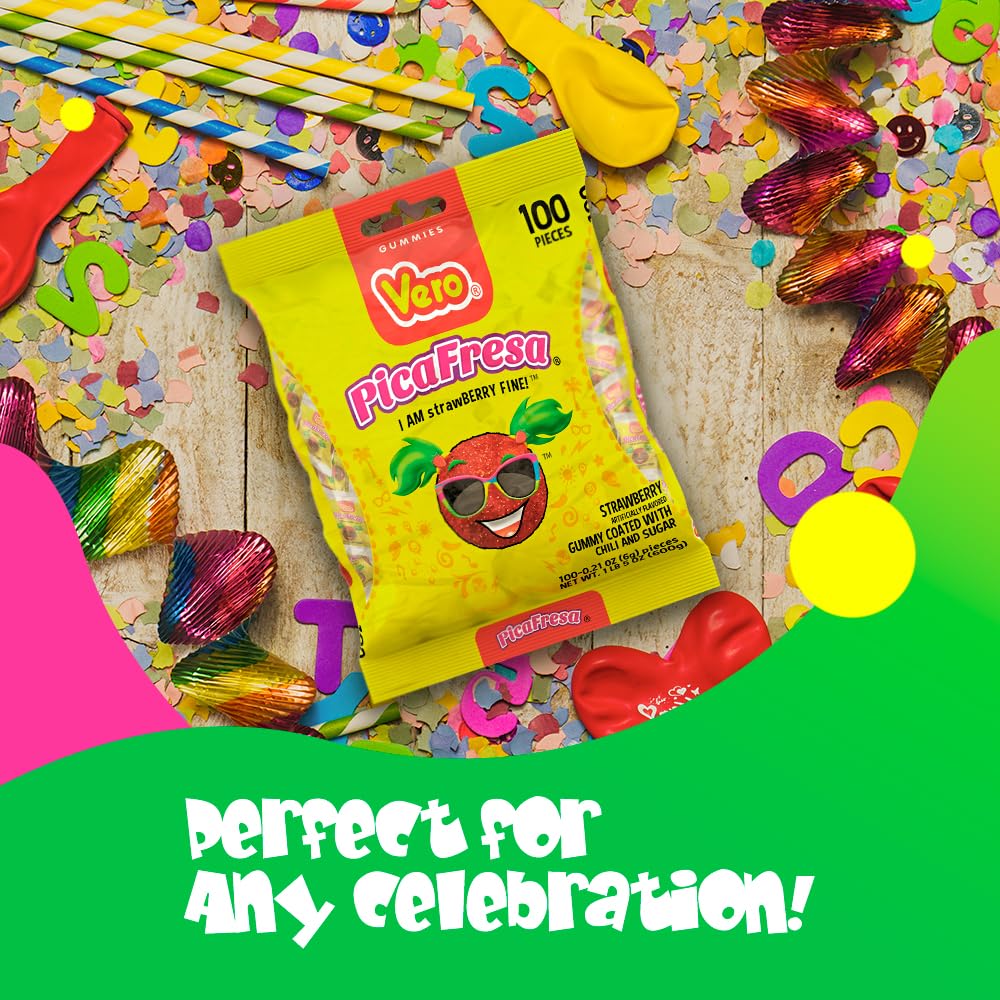 Vero PicaFresa Strawberry Gummy Candy - 100 Individually Wrapped Chewy Treats (1 LB, 5.15 oz Each) - Mexican Candy for Piñatas, Halloween, Parties & Snacking - Sweet & Tangy Flavor Perfect for Sharing at Events