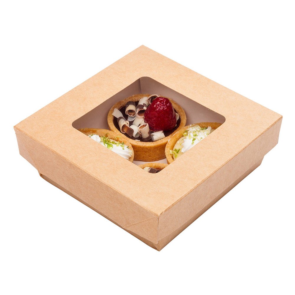 Restaurantware Cafe Vision 13oz Kraft Paper Dessert Boxes with Window - 200 Pack Detachable Lid Greaseproof Baking Boxes for Cakes, Cookies, Strawberry Gifts | Perfect for Bakeries, Dessert Shops, Party Favors & Takeout Packaging