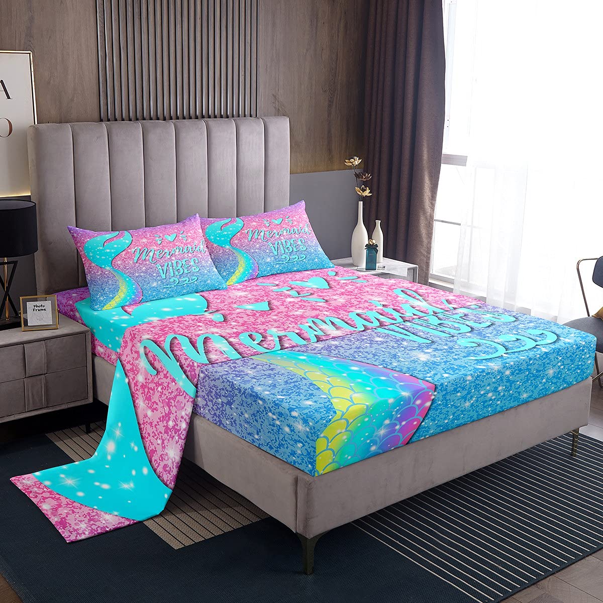 **Mermaid Bed Sheet Set Queen - Glitter Galaxy Rainbow Mermaid Scales Bedding for Kids, Girls & Women - Pink Blue Pastel Sequins Kawaii Ocean Coastal Animal Fitted & Flat Sheet 4 Pcs - Perfect for Kids' Rooms, Themed Bedrooms & Coastal Decor**