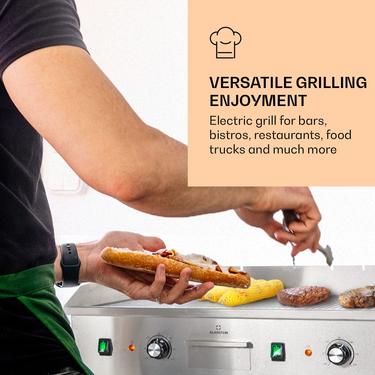 KLARSTEIN 200W Electric BBQ Grill - Smokeless Indoor & Outdoor Grill with LED Display, 2 Spatulas & Stainless Steel Pan - Perfect for Camping, Restaurant, Patio & Home Kitchen Use