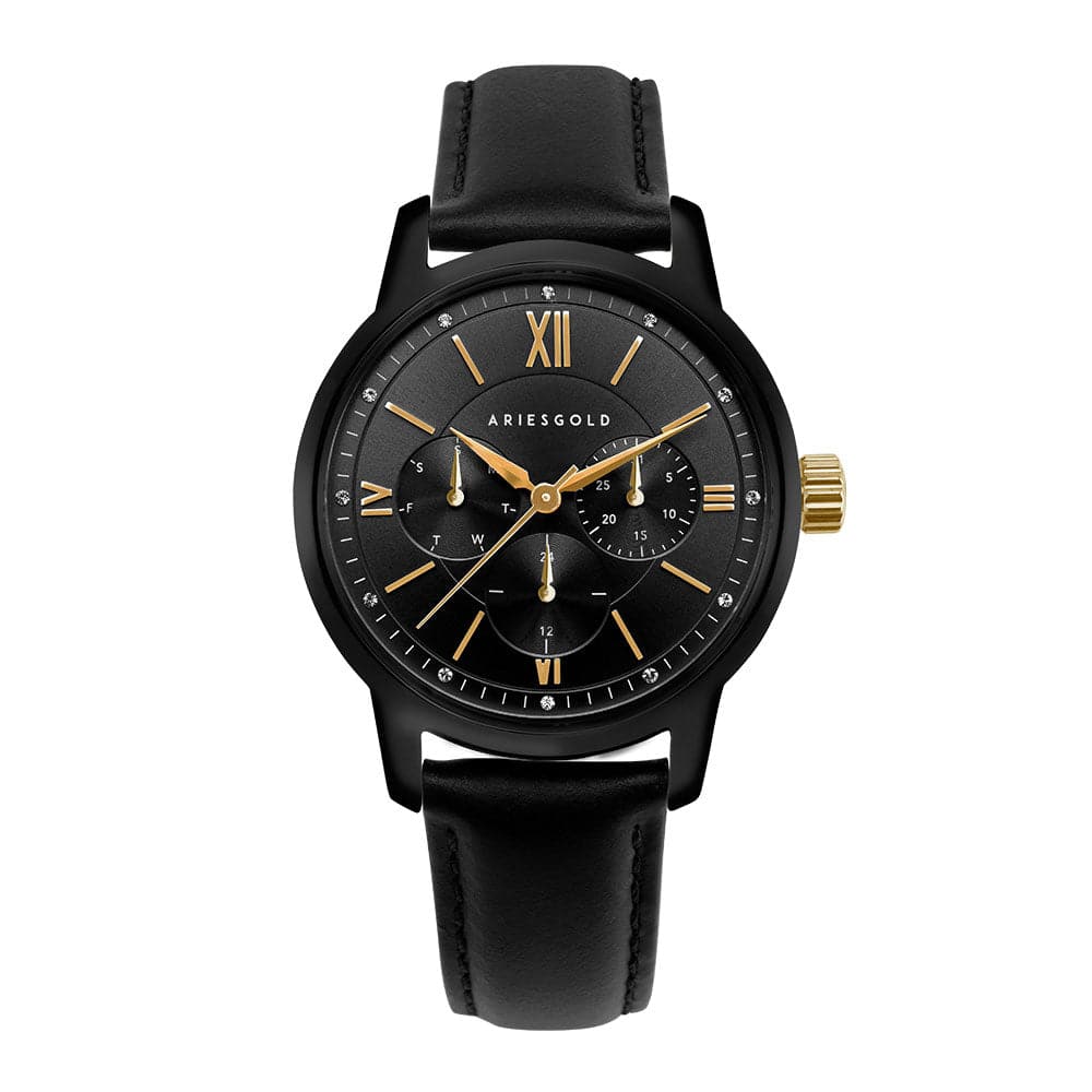 ARIES GOLD Women's Watch - Urban Eternal Black Stainless Steel Case with Black Leather Strap (Model L 1028 BKG) | Elegant Timepiece for Business, Casual Wear & Special Occasions