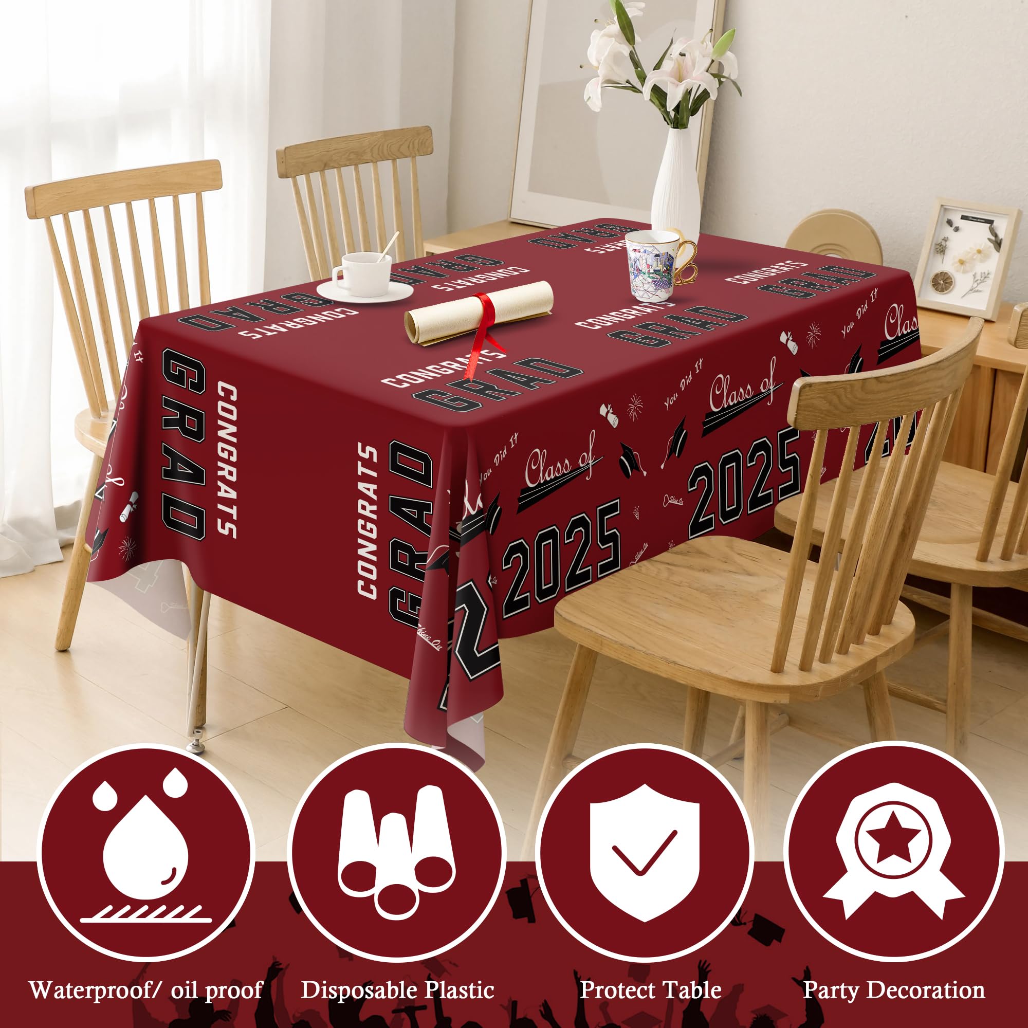 OHOME Class of 2025 Graduation Party Decorations Set - 2 Pack Maroon Disposable Plastic Tablecloths 54