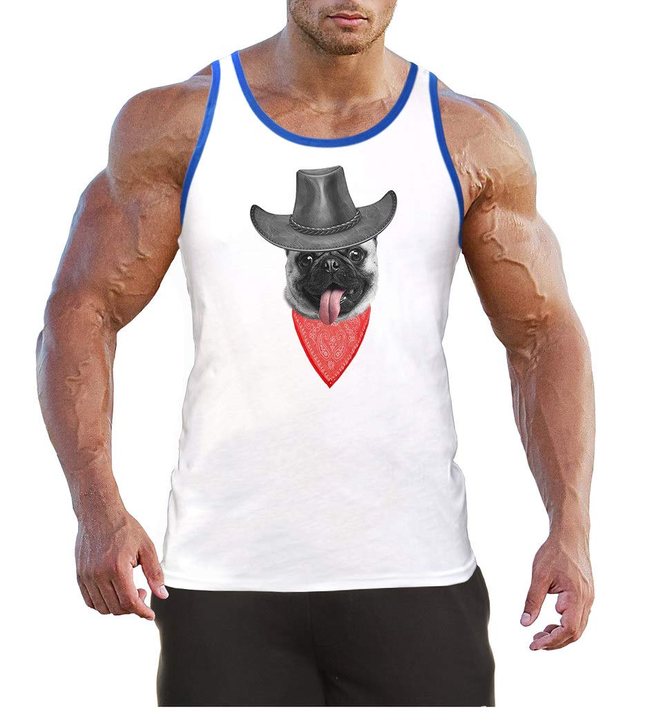 Men's Cowboy Pug Graphic Print White Tank Top with Blue Trim - Casual Summer Muscle Tee for Outdoor Music Festivals & Beach Parties