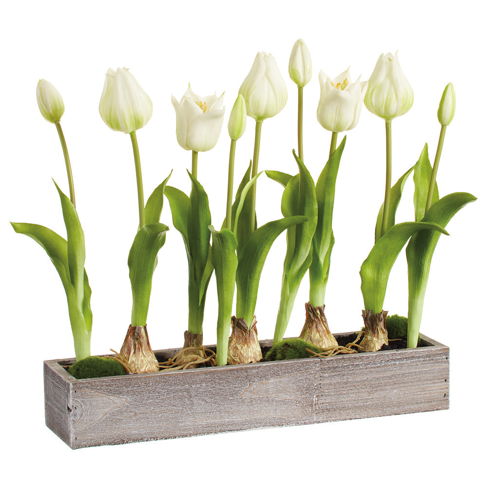 15.5 Inch White Tulip Silk Flower Arrangement with Wood Planter - Set of 2 | Home Decor, Wedding Centerpiece, Office Desk Decor