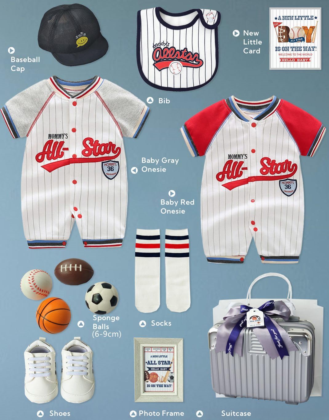 Premium Blue Sports-Themed Baby Shower Gift Set - Newborn Essentials Basket with Soft Blanket, Cute Outfits, Sponge Balls & Photo Frame in Elegant Gift Box | Perfect Baby Shower, Welcome Newborn & Birthday Present for Boys & Girls | Ideal for Nursery Decor, First Photos & Special Celebrations