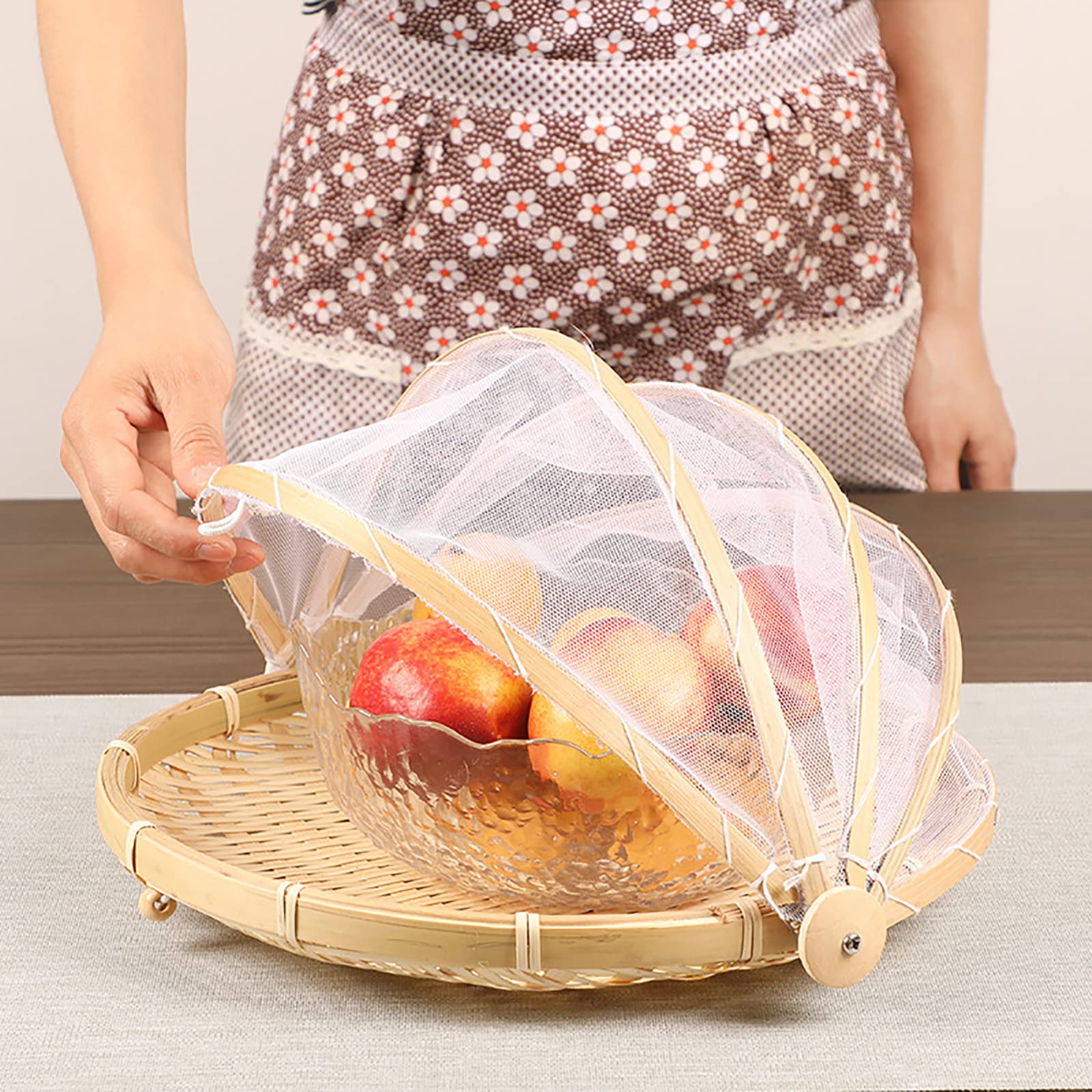 12 Inch Round Bamboo Food Storage Basket with Mesh Cover - Dustproof Hand-Woven Picnic Container for Vegetables, Fruits & Bread | Perfect for Outdoor Parties, Camping & Picnics