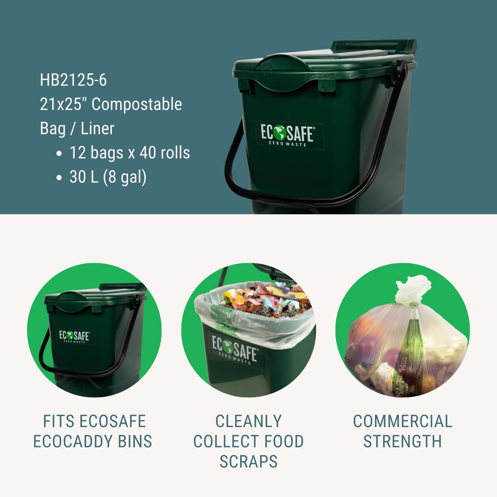 EcoSafe-6400 HB2125-6 Certified Compostable Bags 21x25 Inch - 480 Pack Heavy Duty Leak Proof & Tear Resistant Green Trash Bags for 8 Gallon Bin - Perfect for Kitchen Food Waste, Composting, and Organic Recycling
