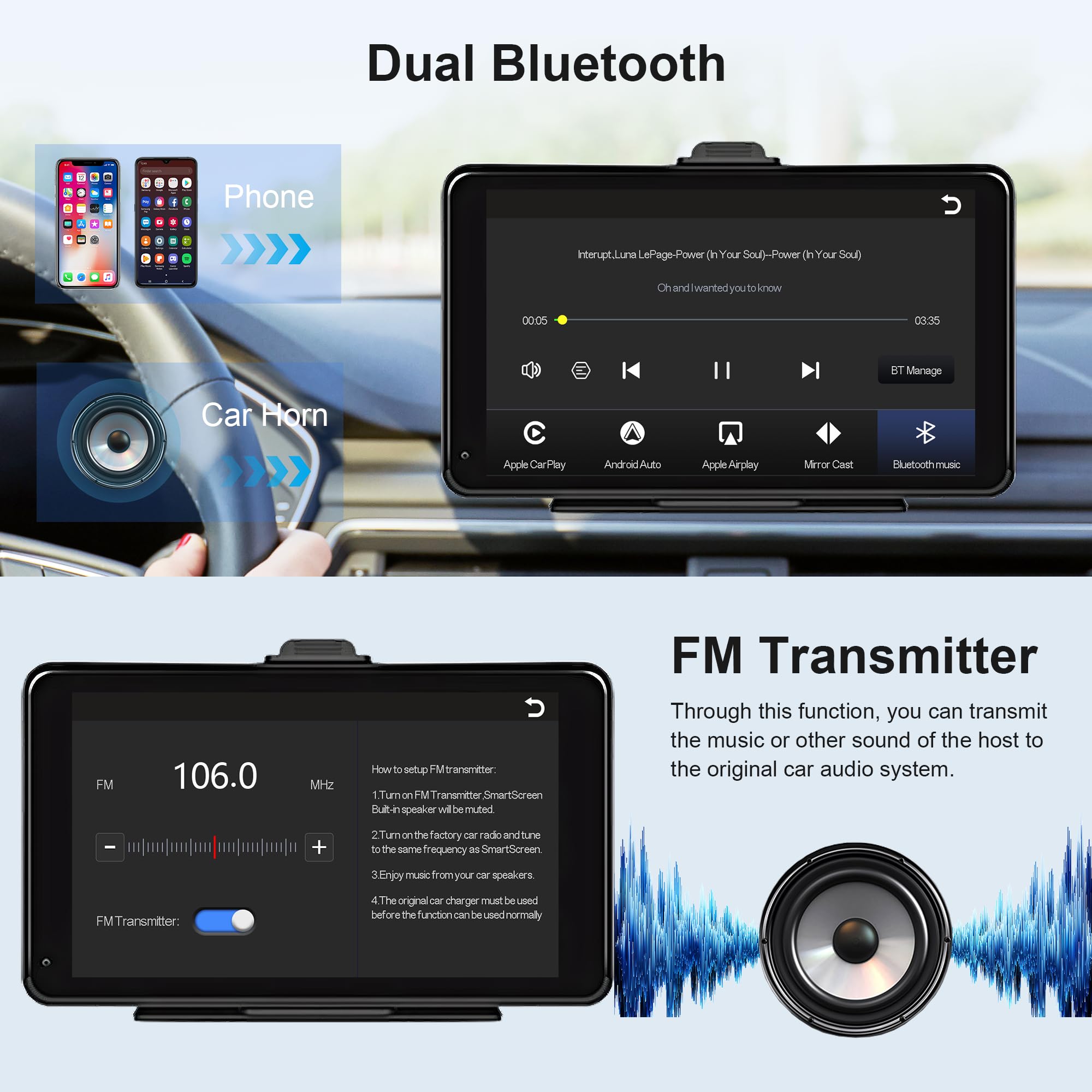 Rimoody 7 Inch Wireless Apple CarPlay & Android Auto Car Stereo - Portable Bluetooth Car Radio with Mirror Link, FM Transmitter, AUX & Voice Control - Perfect for Road Trips & Daily Commuting