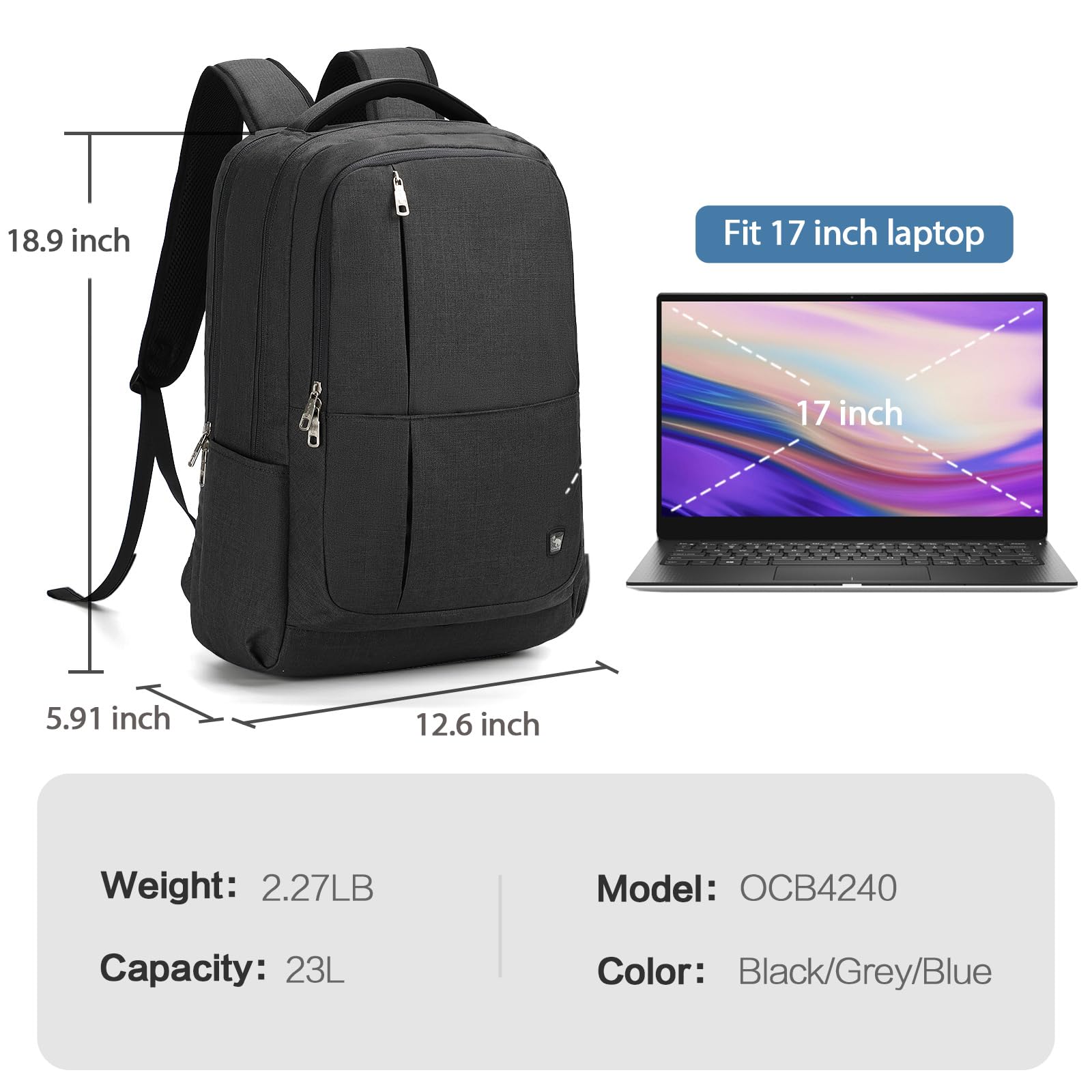 OIWAS 17 Inch Laptop Backpack - Lightweight Business & Travel Bag for Men & Women (Black) - Perfect for Work & Commute