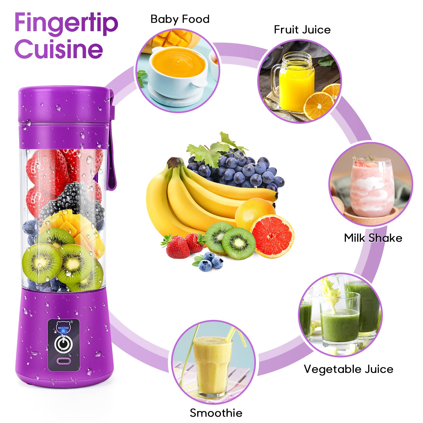 Portable USB Rechargeable Mini Blender - MIAOKE 3D 6-Blade Personal Smoothie Maker for Juice, Shakes & Drinks - Perfect for Home, Office, Gym & Travel - Dark Purple