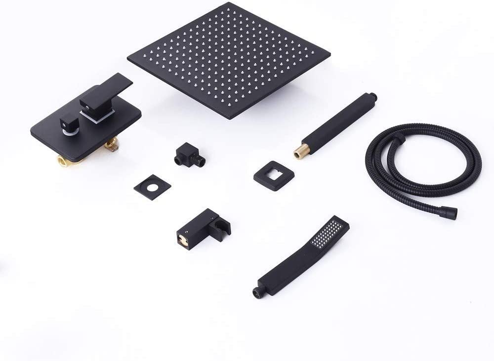 12 Inch Matte Black Ceiling Mount Shower System - High Pressure Rainfall Square Shower Head with Handheld Sprayer - Luxury Bathroom Faucet Set for Modern Homes (Perfect for Spa-Like Experience & Daily Relaxation)