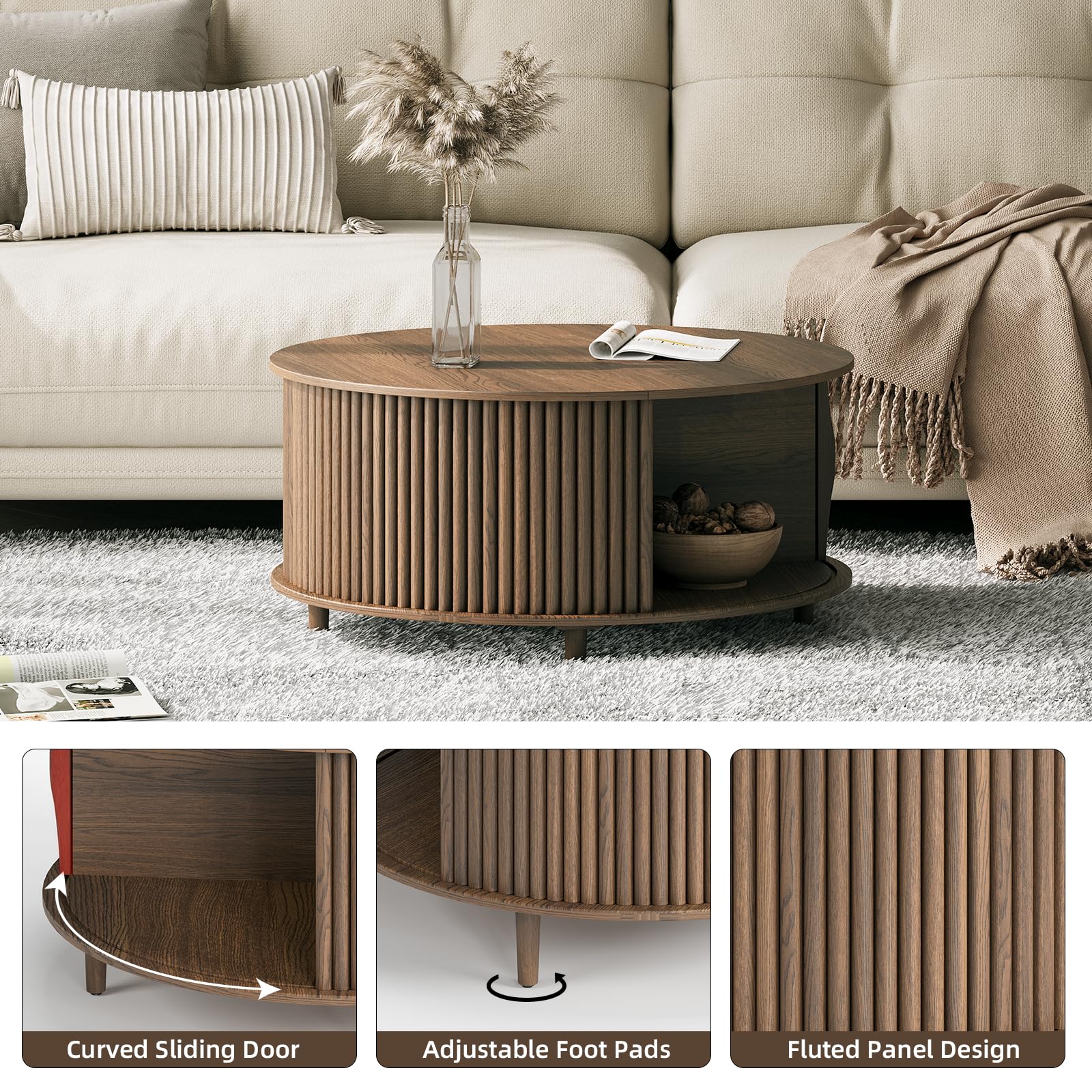 Mid Century Modern Round Coffee Table with Storage - 31.5