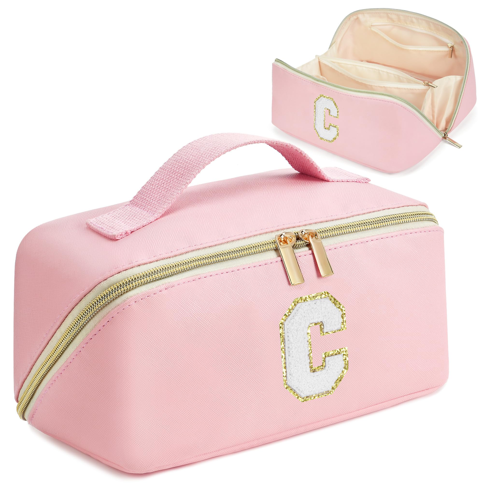 Personalized PU Leather Makeup Bag for Women & Teens - Initial Cosmetic Pouch, Travel Toiletry Organizer - Trendy Birthday & Mother's Day Gift Idea (Pink) - Perfect for Travel, Gym & Daily Skincare Storage