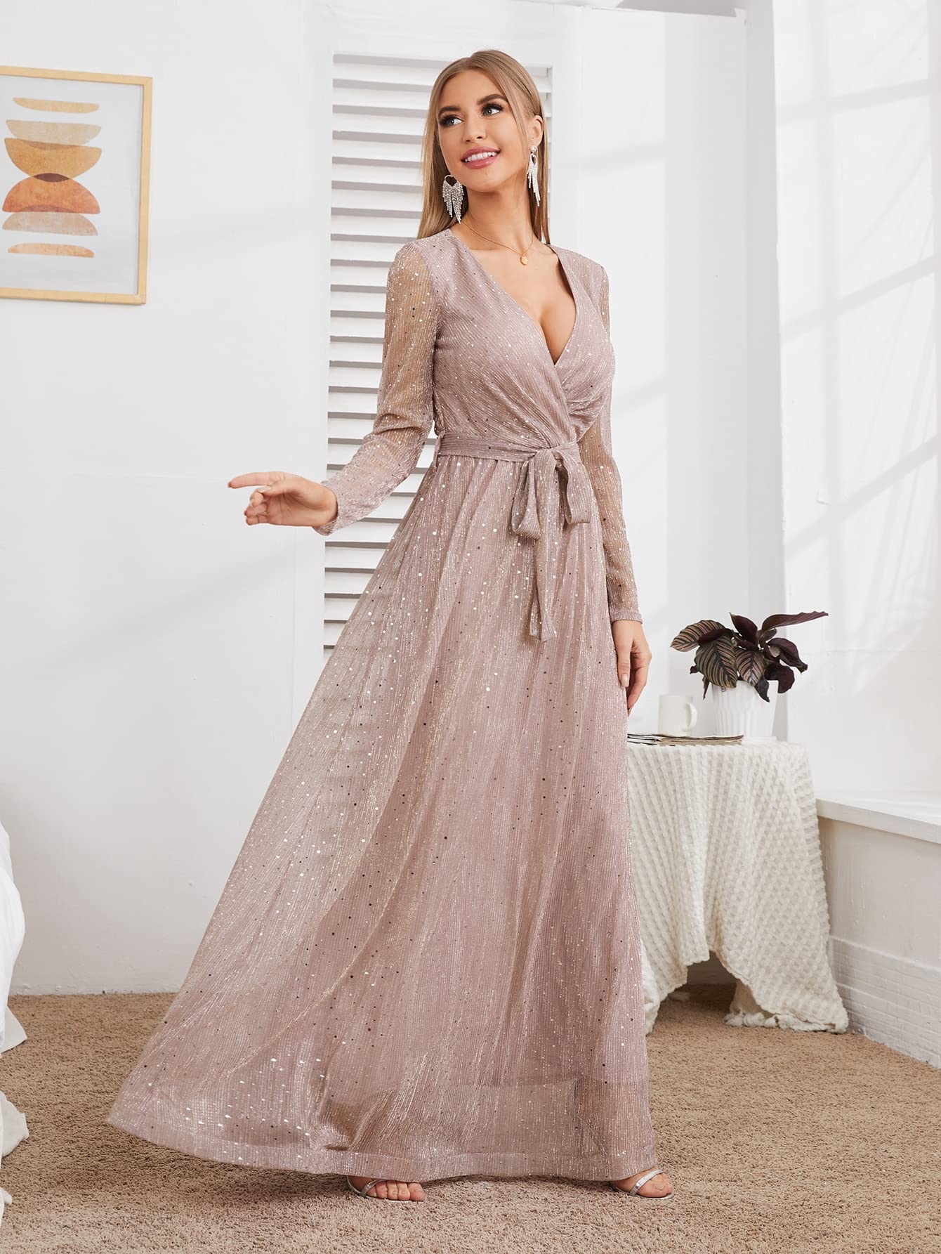 2024 Glitter Surplice Plunging Belted Maxi Prom Dress for Women - Summer Evening Gowns, Formal Party Dresses (Dusty Pink, Medium) | Perfect for Prom Night, Cocktail Parties & Special Occasions